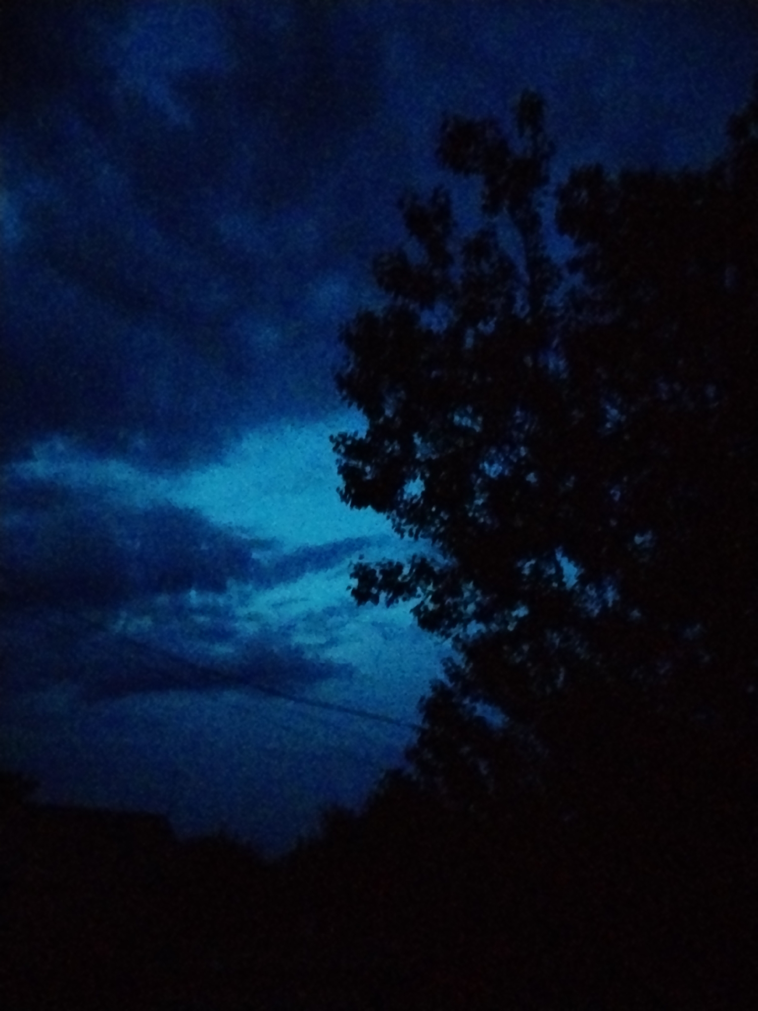 The image depicts a dark, nocturnal scene with a silhouette of trees against a deep blue, cloudy sky. The clouds are textured and appear to be illuminated from behind by an unseen light source, creating areas of brighter turquoise and darker navy blue. A portion of the lower foreground is obscured by darkness, suggesting a landscape or structures at ground level. The overall mood is somber and mysterious, with the limited visibility and deep colors contributing to a sense of unease or calm depending on the viewer's interpretation. The location in Ustyvytsia, Ukraine, is not visually discernible from the image itself.
