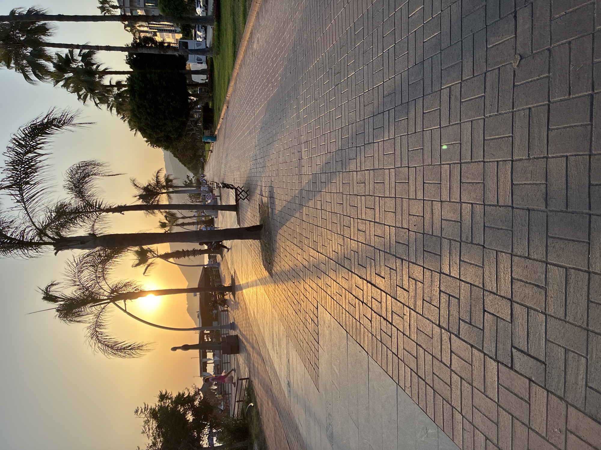 The image depicts a sun-drenched promenade in Alanya, Turkey, during sunset. The setting sun casts long shadows across the paved walkway, which is constructed with interlocking brickwork. Palm trees line the promenade, their fronds silhouetted against the warm, orange sky. Several people are visible, including individuals walking and a child in a pink outfit. Benches are placed along the walkway, offering seating for passersby. In the background, a body of water, likely the Mediterranean Sea, can be seen, with hills beyond. Buildings and more palm trees are visible further down the promenade, suggesting a bustling coastal town. The overall atmosphere is tranquil and picturesque, characteristic of a seaside resort at dusk.