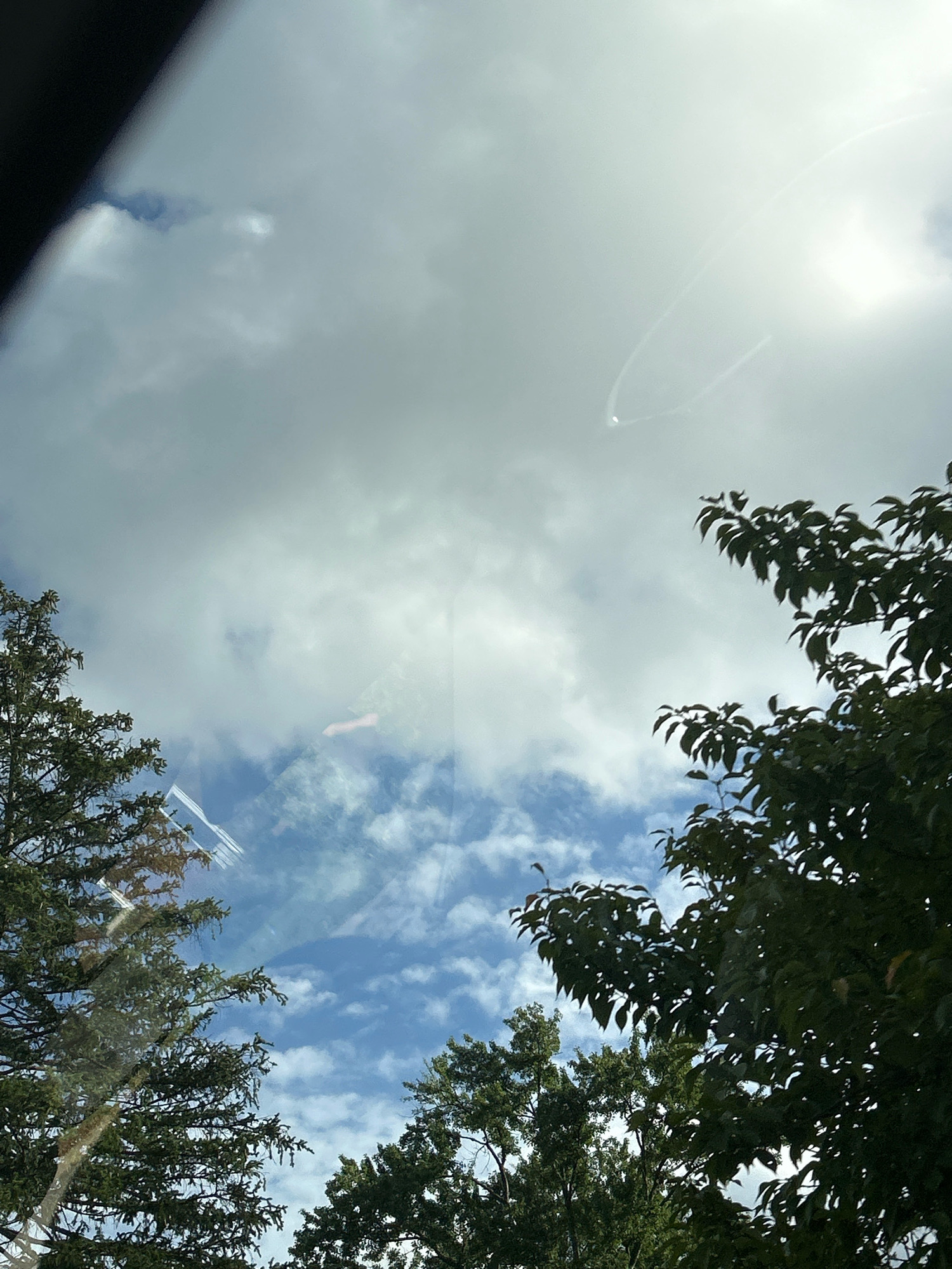 The image shows a view of the sky through trees, with reflections on what appears to be a window. In the upper portion of the image, there are light clouds with patches of blue sky visible. There are also two faint contrails from an aircraft in the sky. The trees in the foreground are green and leafy, with some branches extending into the frame. There are reflections of trees and the sky on the surface, which suggests the photograph was taken through a window. The location is identified as Pittsburgh, United States of America, but no specific landmarks or details about the city are visible in the image.