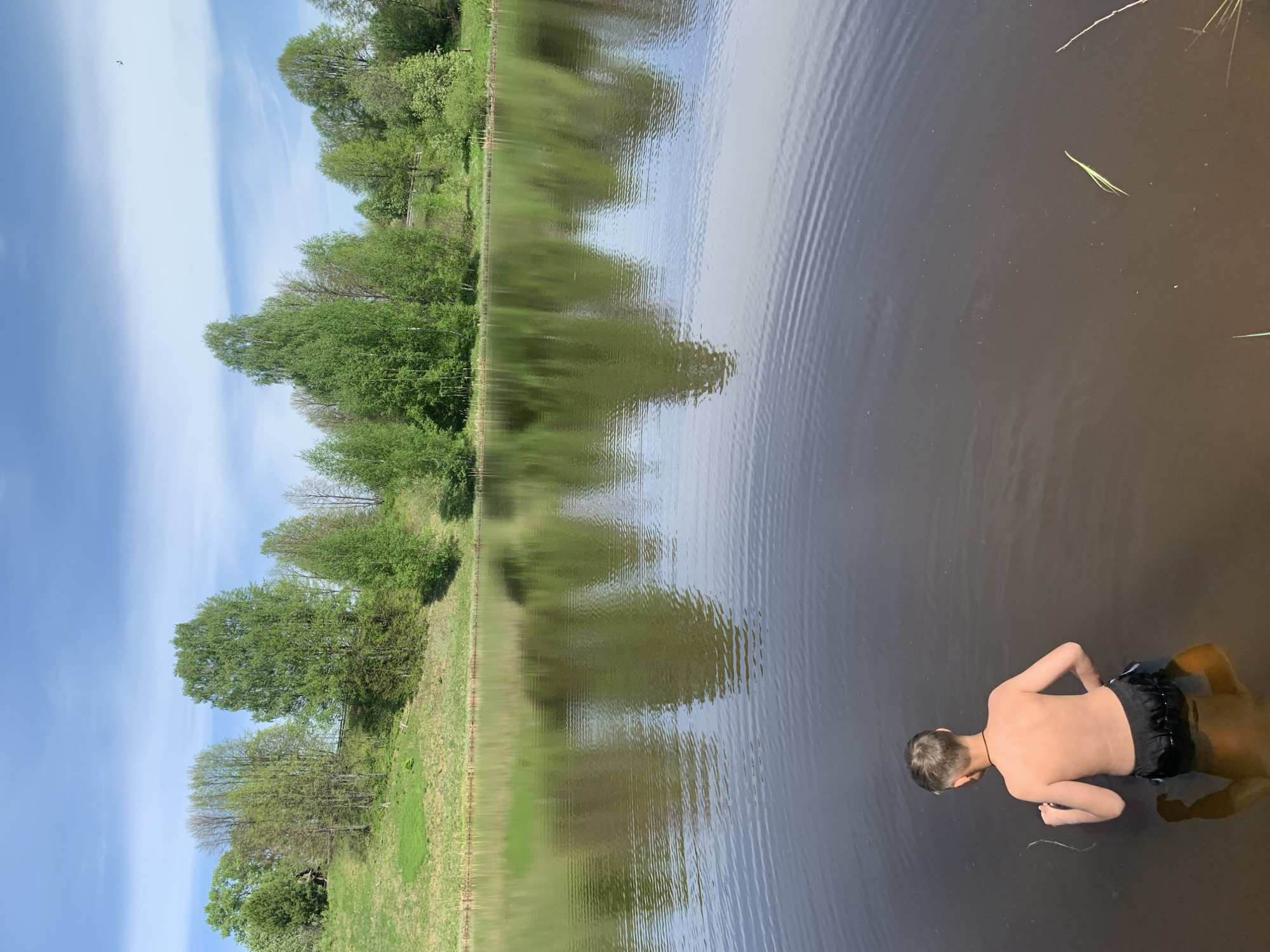 A shirtless boy in dark swimming trunks is standing in a body of water, likely a lake or pond, in Zasechnyi, Russia. The water reflects the treeline and blue sky above, and the trees line the opposite shore of the body of water. The photo appears to have been taken from a higher vantage point, possibly from the shore near the boy.