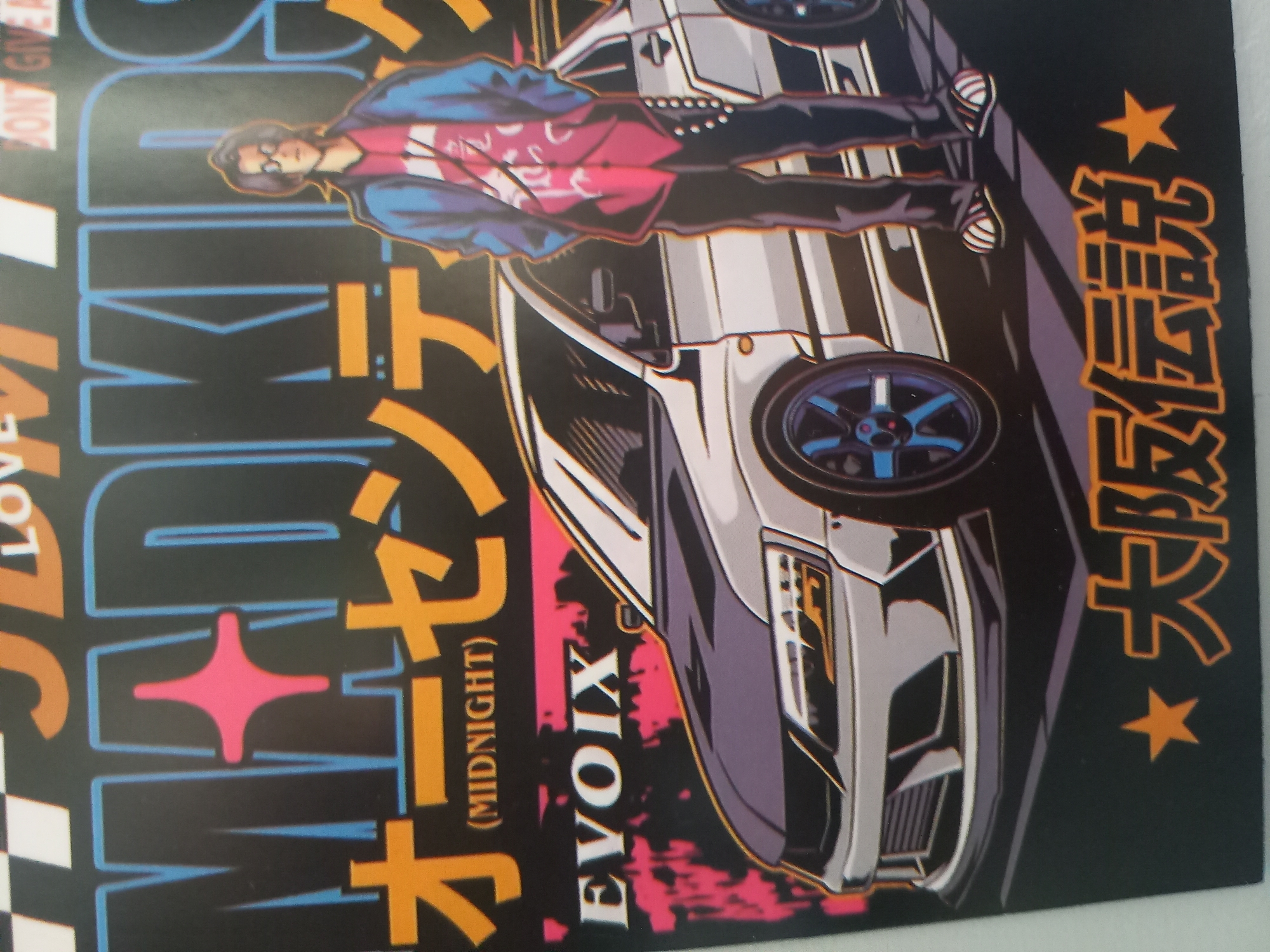 The image is a graphic design featuring an anime-style illustration of a person and a car, set against a black background. The person, depicted from the chest up, wears glasses, a pink shirt, and a blue jacket. They have stylized dark hair. The car, a sleek, modern design, is primarily silver and purple. The overall aesthetic is reminiscent of Japanese street culture or car enthusiast art, with bold lines and vibrant colors.
Large, stylized text is present on the left side of the image, with some characters appearing to be Japanese or a similar East Asian script. There is also English text, including "LOVE" and "EVOIX". The word "(MIDNIGHT)" is also visible in smaller text. To the right, there is text in a vertical orientation, written in what appears to be Japanese characters, possibly translating to "Osaka Legend". A small orange star is positioned above this text.
The art style is characterized by sharp angles and a somewhat retro feel, possibly inspired by 1980s or 1990s anime. The lighting in the illustration is dramatic, suggesting a nighttime scene. There are abstract pink and red shapes at the bottom of the image, adding to the dynamic visual effect. The composition is busy, with multiple elements vying for attention. The origin of the image is unknown, but the style suggests a connection to anime, manga, or car culture.