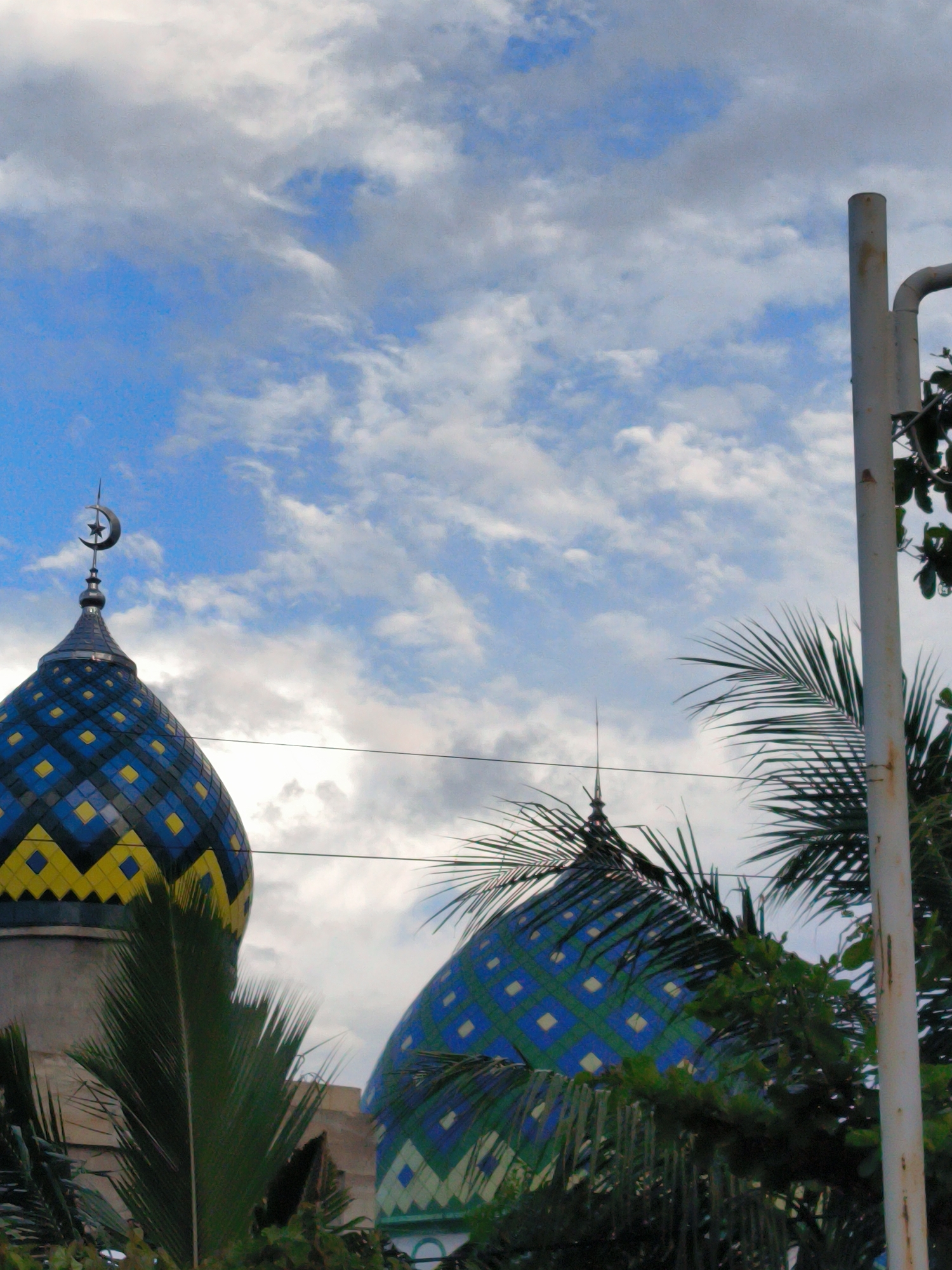 The image features two mosque domes with a patterned, blue and yellow or green and blue, respectively. On the top of the left dome is a crescent moon and star. A grey utility pole is visible in the background on the right. Palm fronds and other foliage are in the foreground. The sky is light blue with clouds. The location is Lhokseumawe, Indonesia.