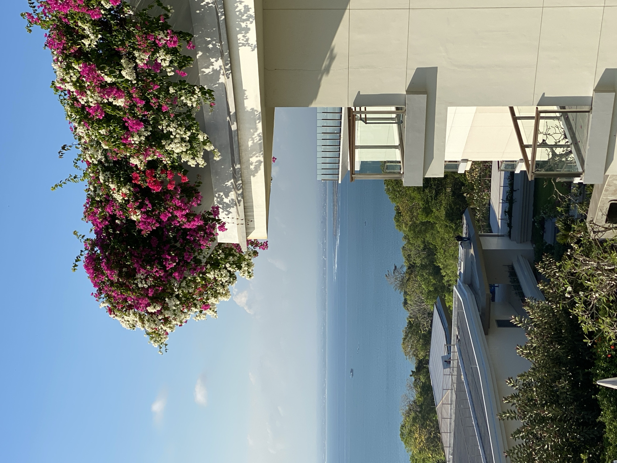 An exterior shot captures a building with a balcony overflowing with pink and white bougainvillea flowers, overlooking a serene blue ocean. The sky above is clear and blue, with a few wispy clouds. In the distance, a ship sails across the horizon, and the coastline is dotted with lush green trees. The building, likely a hotel or resort, is modern in design, with clean lines and large windows. Balconies with glass railings offer unobstructed views of the ocean. One person is visible on a rooftop in the middle ground. The scene is bathed in bright sunlight, casting shadows on the building and foliage. The location is Kuta Selatan, Indonesia, known for its beautiful beaches and tourist accommodations.