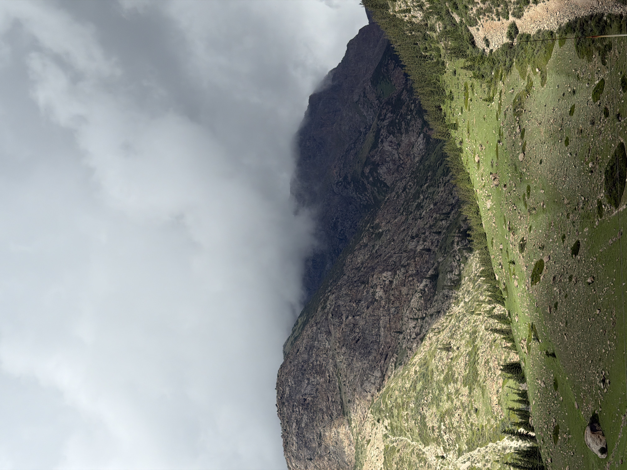 An overcast sky looms above a rugged mountain landscape in Kyrgyzstan. The foreground features a gently sloping green meadow dotted with scattered rocks and sparse trees. Further back, the mountains rise steeply, with a rocky, arid slope on the left and a lush, tree-covered incline on the right. The peaks are partially obscured by dramatic, dark clouds, creating a sense of depth and mystery. The lighting suggests a subdued, diffused daylight, with pockets of sunlight breaking through in some areas of the meadow, highlighting the texture of the grass and rocks.