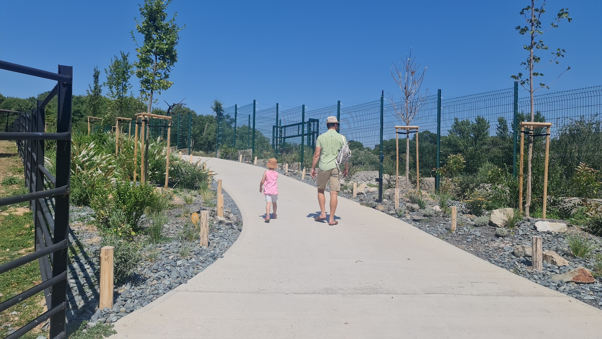 Two individuals, an adult male and a young child, are walking away from the camera on a concrete path in what appears to be an outdoor recreational area or park. The male is wearing a green and white checkered shirt, beige shorts, a straw hat, and flip-flops, with a white bag slung over his shoulder. The child is wearing a pink shirt, white shorts, and a straw hat. The path is bordered by grey gravel, decorative rocks, and wooden posts. Lush green vegetation, including bushes with white flowers and several young trees supported by wooden stakes, surrounds the path. In the background, a green chain-link fence encloses the area, with a dense forest of trees visible beyond it. The sky is clear and blue, indicating a sunny day. The overall environment suggests a well-maintained outdoor space, possibly a botanical garden, zoo, or park. There is no identifiable information within the image or its crops that places the scene specifically in Bratislava, Slovakia.