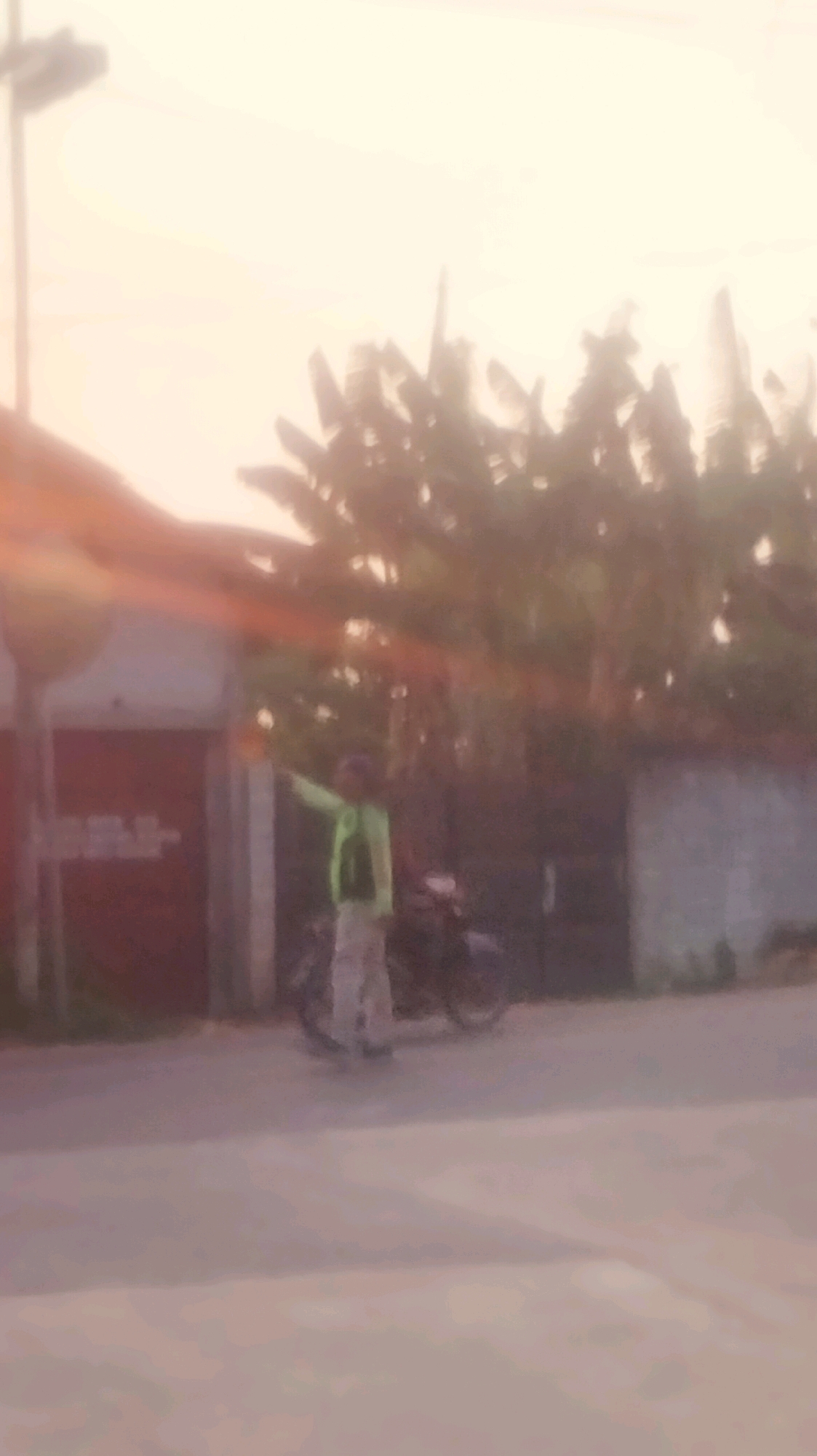 The image depicts a person standing next to a motorcycle on an asphalt road, with a building and lush vegetation in the background. The person is wearing a bright green vest over a light-colored long-sleeved shirt and light-colored pants. They are extending their left arm upwards and outwards, possibly signaling or pointing. The motorcycle is positioned to the right of the person. The building behind them appears to have a red section and a gray section. The vegetation consists of tall, leafy trees, likely banana trees, forming a dense canopy. The lighting suggests it is either early morning or late afternoon, with a bright sky casting a warm glow. The scene is located in Palang, Indonesia.