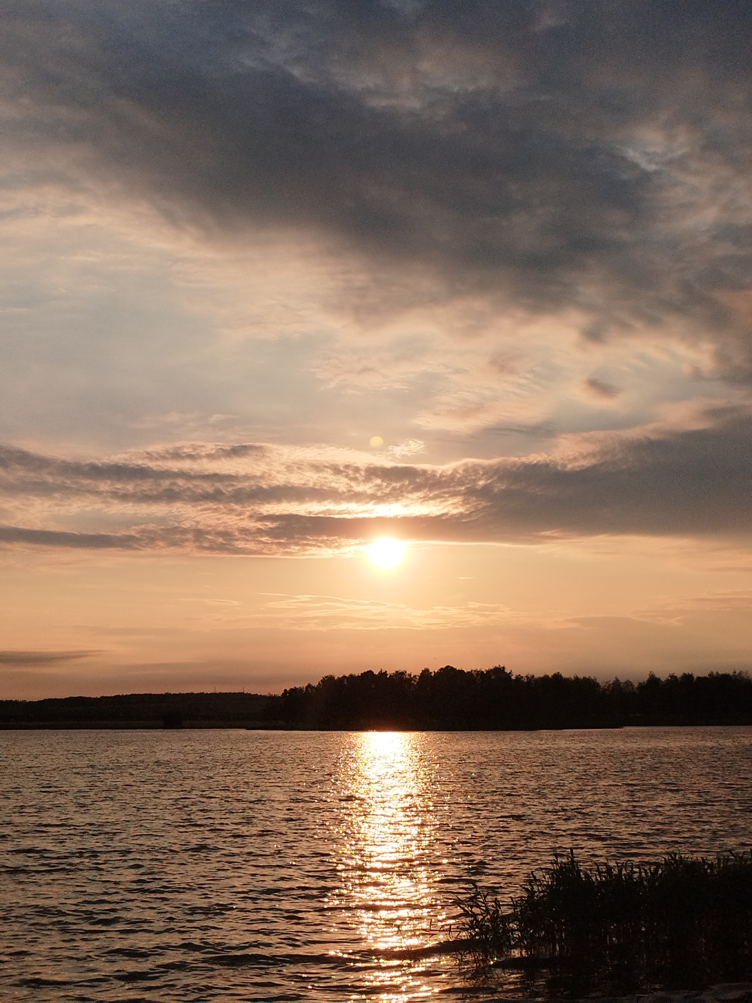 A serene lake is pictured at sunset, with the sun casting a golden reflection on the water's surface. The sky is a canvas of warm hues, blending from a soft orange near the horizon to darker grays and blues as it rises, with scattered clouds adding texture. A dark silhouette of trees lines the far bank of the lake, creating a dramatic contrast against the vibrant sky. In the foreground, reeds and other vegetation emerge from the water's edge. The overall scene evokes a sense of tranquility and natural beauty.