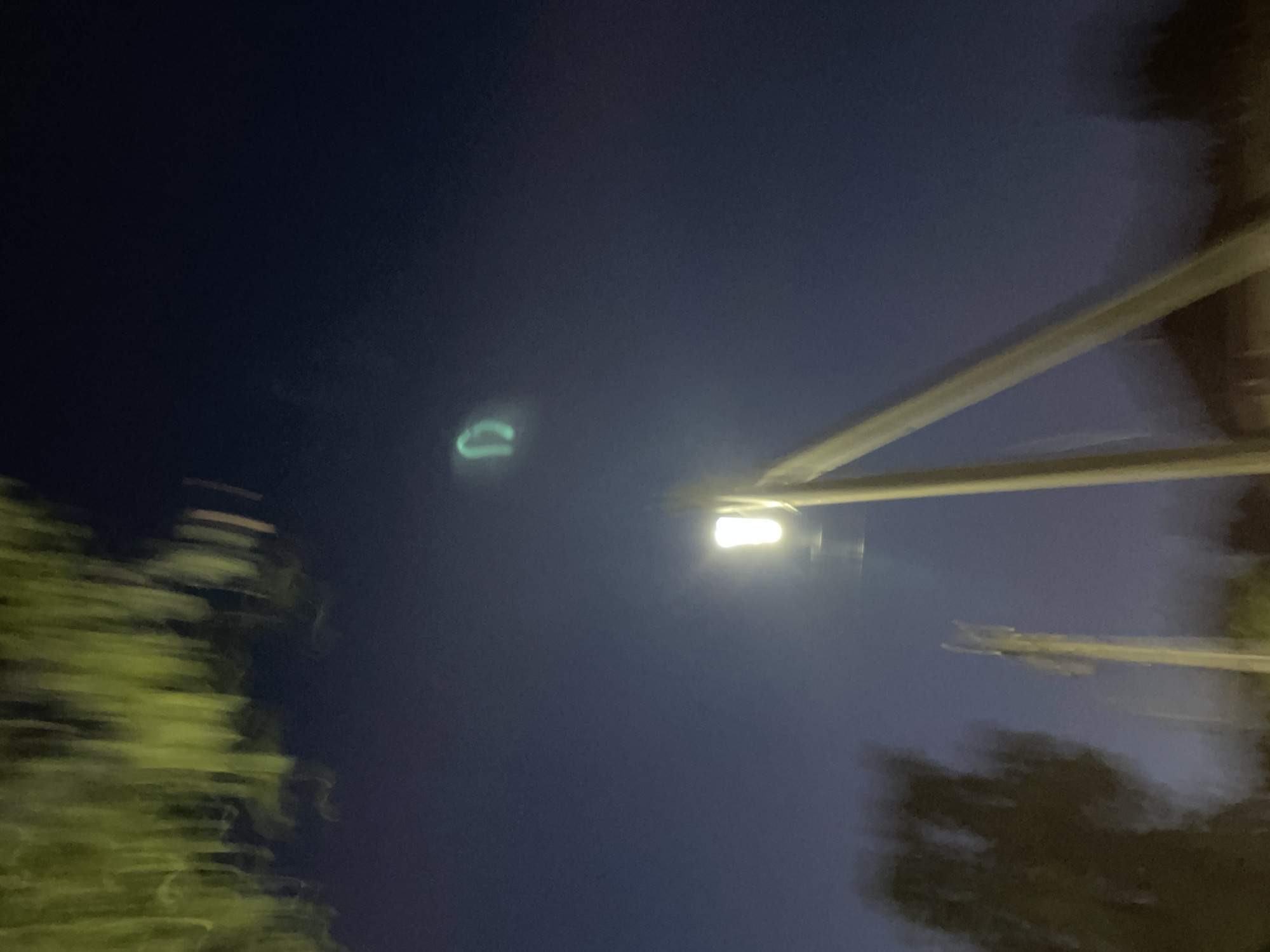An outdoor, low-light photograph captures a dusky sky with blurred green foliage in the upper left. A streetlamp with a bright light source is positioned prominently in the mid-right of the frame, casting a yellow glow. To the left of the streetlamp, another blurred object, possibly another pole or structure, is visible. In the upper center of the image, a faint, greenish ring-shaped light hangs in the sky. The foreground shows blurred shapes of trees and possibly buildings. The overall scene suggests a night-time setting in a semi-urban or suburban area.