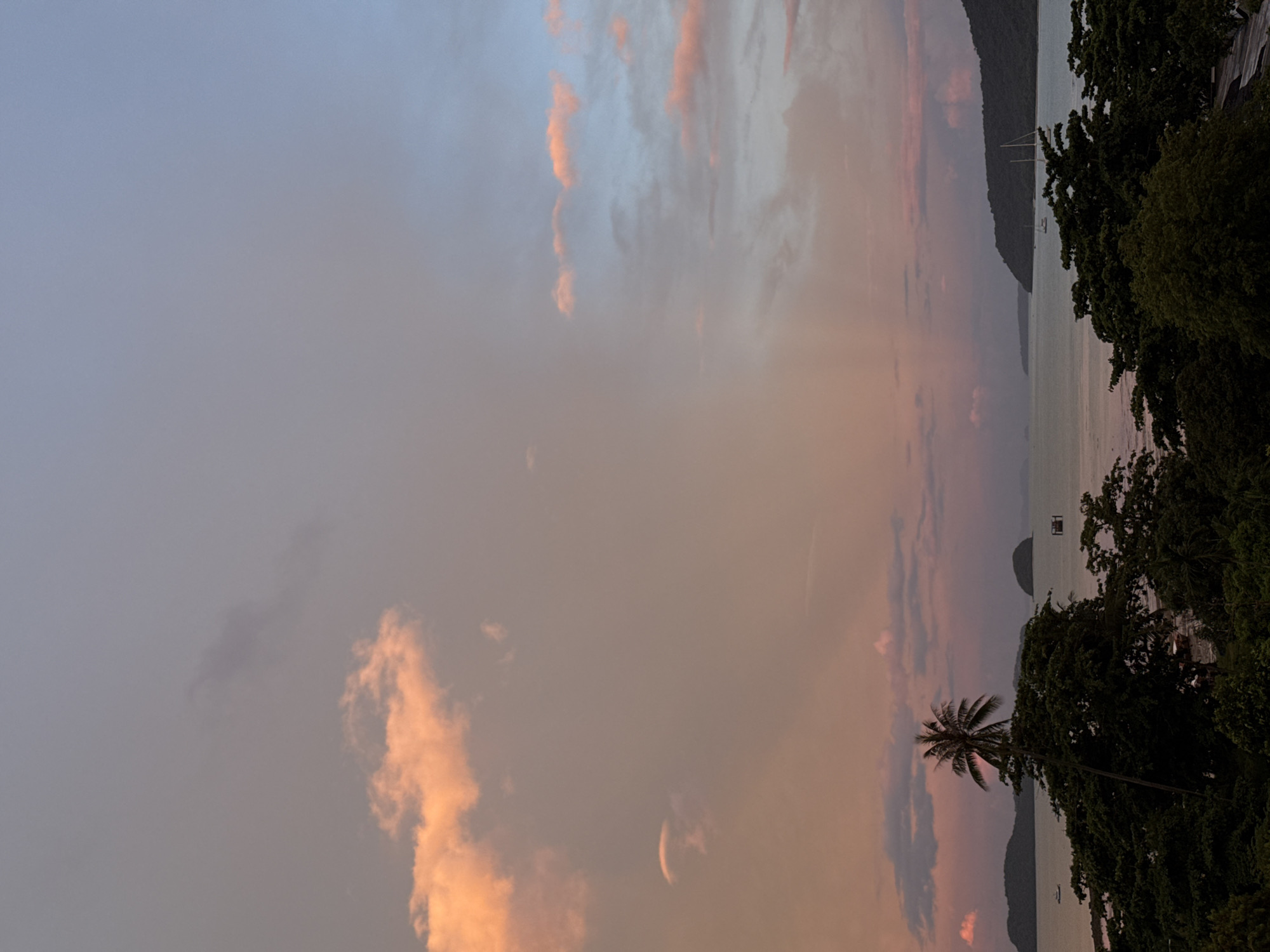 This is a vertical, eye-level, wide-angle photograph of a coastal sunset over Rawai, Thailand. The sky is a gradient of soft pinks, oranges, and blues, with scattered clouds. The sun is not visible, but its light illuminates the clouds and casts a warm glow over the scene. Below the sky is a calm body of water, likely the Andaman Sea, with several small islands and peninsulas in the distance. The foreground is dominated by dense, dark green foliage, with a tall palm tree silhouetted against the sky. There are a few sailboats and a small boat on the water. The overall mood is serene and tranquil.