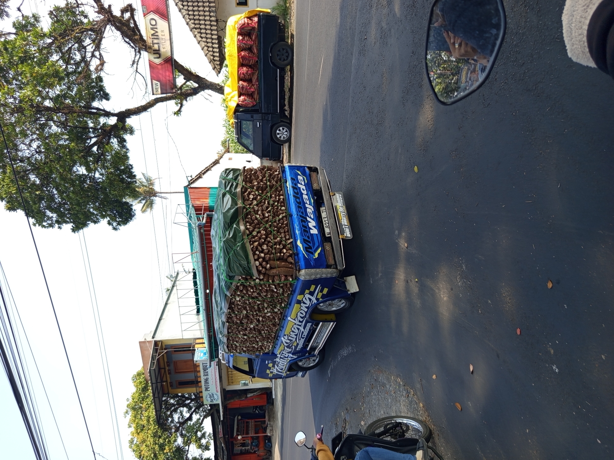 In the city of Jeru, Indonesia, a blue pickup truck is driving down a road. The truck is loaded with a large amount of cassava. The cassava is covered with a green tarp. In front of the blue pickup truck, a black motorcycle is also driving. On the motorcycle, there is a person. To the right of the blue pickup truck, there is a black pickup truck. The black pickup truck is covered with a yellow tarp and appears to be loaded with what looks like sweet potatoes. In the background, there are buildings and trees. The sky is clear and blue. The scene is set during the day, with sunlight illuminating the road and the vehicles.