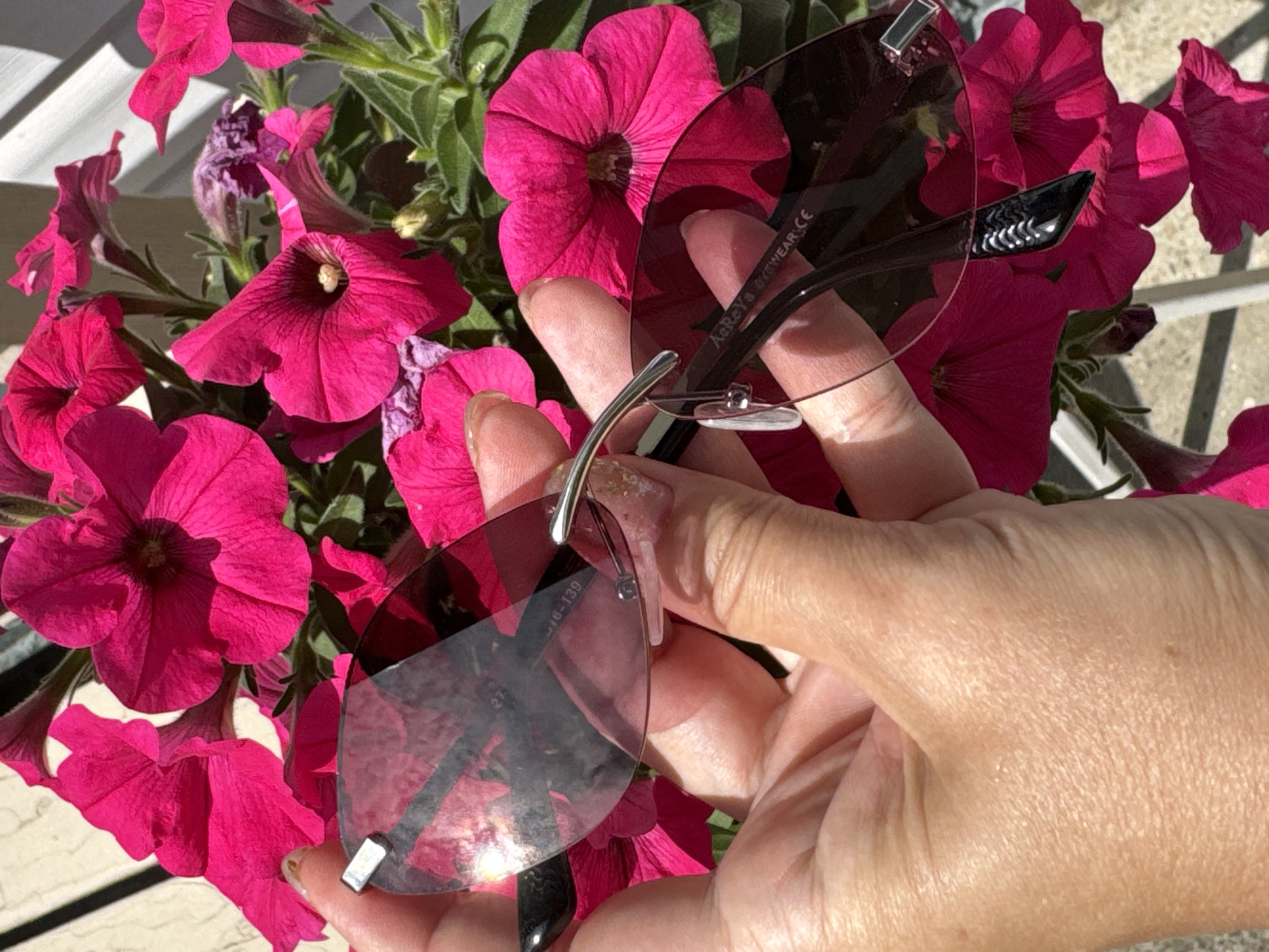 A close-up shot shows a hand holding a pair of rimless sunglasses with dark tinted lenses in front of a cluster of bright pink petunias. The sunglasses have silver accents and black arms. The background consists of more pink petunias and greenery. The lighting suggests an outdoor setting during the day. The image is in focus and shows good detail of the subject matter.
