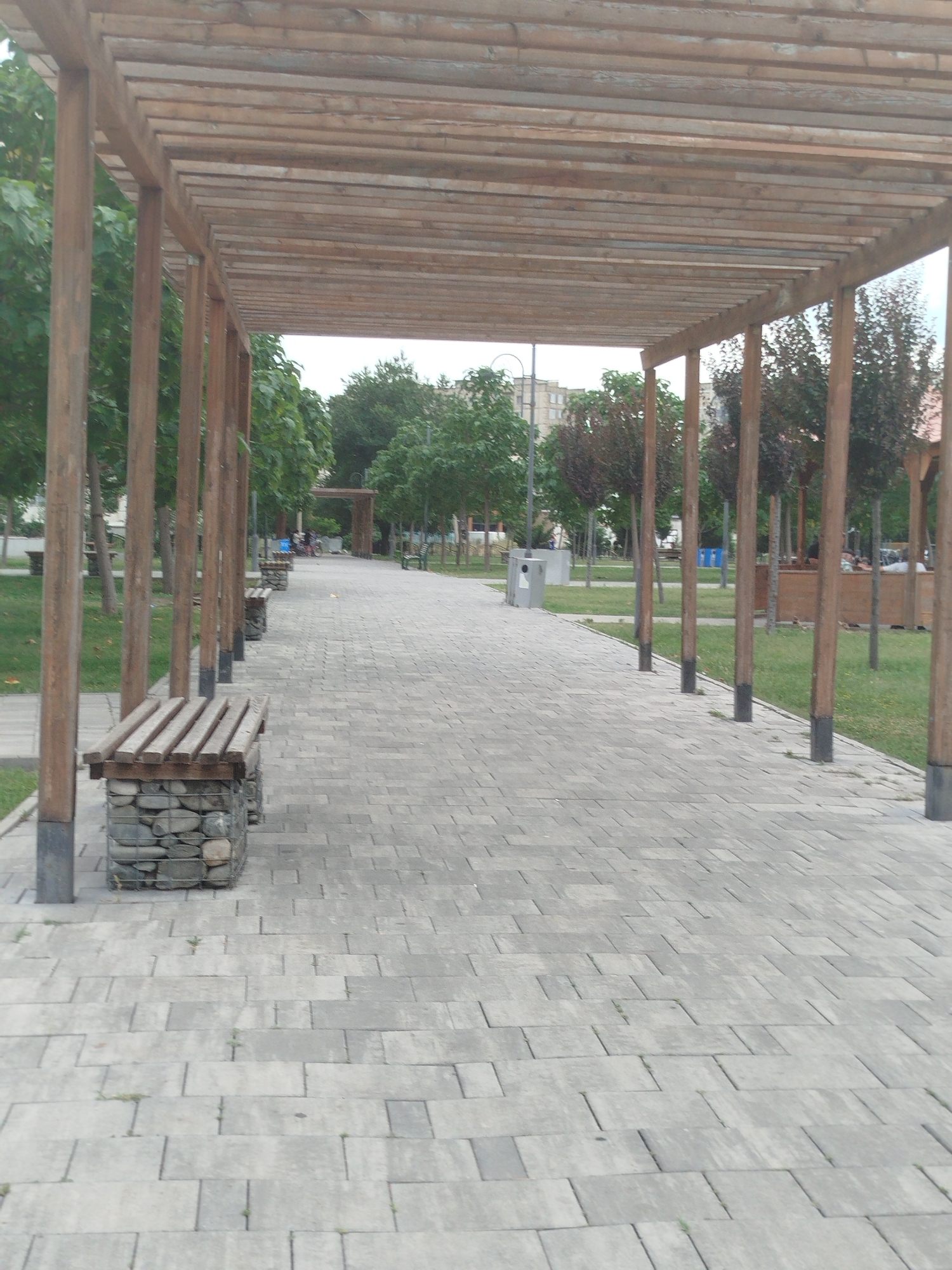 The image shows a pedestrian walkway in a park area. The walkway is paved with light-colored rectangular stones. On the left side of the walkway, there is a wooden pergola supported by vertical wooden posts. There are several benches along the left side of the walkway, under the pergola. These benches have wooden slats for seating and their bases are constructed from wire cages filled with stones. Green grass and trees are visible on either side of the walkway and behind the pergola. In the distance, more trees, buildings, and what appears to be an archway can be seen. There are no people clearly visible in the foreground, though there are hints of activity further down the path, including what might be bicycles and people in the distance. The overall scene depicts a public outdoor space, likely a park or a promenade, in an urban setting. Based on contextual information not present in the image itself, this scene is identified as being located in the city of Rustavi, Georgia.