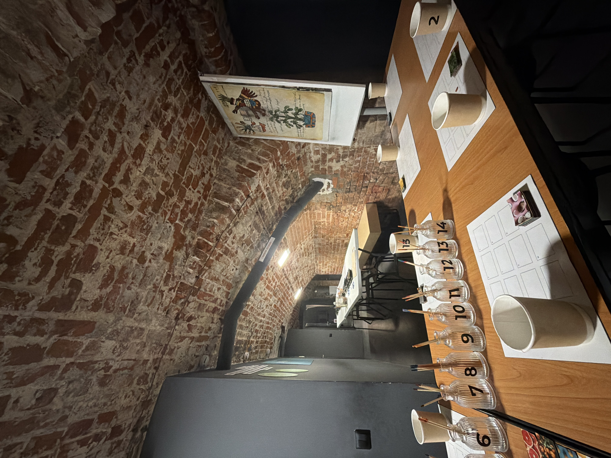 The image depicts an art studio or workshop space with a distinct rustic aesthetic, characterized by exposed brick walls and a vaulted brick ceiling. The lighting is somewhat dim, with several artificial lights illuminating the scene.
In the foreground, a wooden table is set up with various art supplies, suggesting an ongoing or upcoming activity. There are several clear glass bottles, each labeled with a number (6, 7, 8, 9, 10, 11, 12, 13, 14), containing paintbrushes or pencils. Small white paper cups are placed at various stations on the table, some appearing to be filled with liquid or used for holding supplies. There are also small square sheets of paper with grid layouts and some small objects, possibly reference materials or samples, placed on some of these grids. A larger cup labeled "2" is visible at the far end of the table.
In the background, a long table is set up with chairs, suggesting a communal workspace. A large framed piece of artwork or informational poster, with what appears to be an illustration of a plant and figures, is mounted on a stand against the brick wall. The overall environment suggests a creative and possibly historical or educational setting.
Based on the visual cues, this scene could be located in the historic district of Nizhny Novgorod, Russia, potentially within a converted industrial space or a building with preserved architectural features.