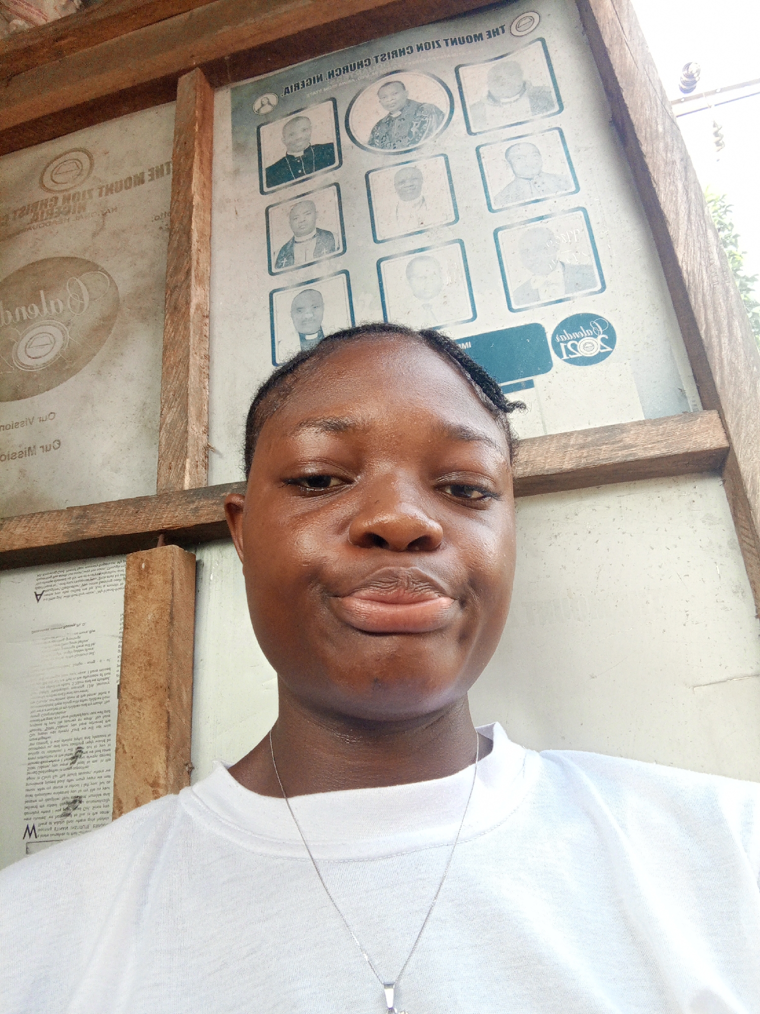 A young person, likely female, is captured in a close-up selfie-style photograph. She has dark skin and short, dark hair styled in small braids or twists pulled back from her face. Her expression features slightly puckered lips, and her eyes are looking directly at the camera. She is wearing a simple white t-shirt and a thin silver chain necklace with a small pendant.
The background consists of two large display boards framed by rough wooden planks, suggesting an outdoor or semi-sheltered public space in Mbribit, Nigeria. The boards contain text and images, all appearing inverted and mirrored from the camera's perspective. The board on the right features eight framed monochrome portraits of men, some appearing to be in clerical attire, likely church leaders or members. Above these portraits, the inverted and mirrored text "NIGERIA CHURCH ZION MOUNT THE" is visible, which correctly reads as "THE MOUNT ZION CHURCH NIGERIA." A circular logo with the inverted text "SOSI" (likely "2021") and "Calabar" is also visible in the bottom right corner of this board.
The board on the left also displays inverted and mirrored text, faintly showing "THE MOUNT ZION CHURCH NIGERIA" again, along with the words "Our Mission" and "Our Vision." A circular logo with inverted text "Calabar" is also present on this board. The overall bright lighting suggests it is daytime. The image focuses on the subject's face, with the background providing context to a public display.