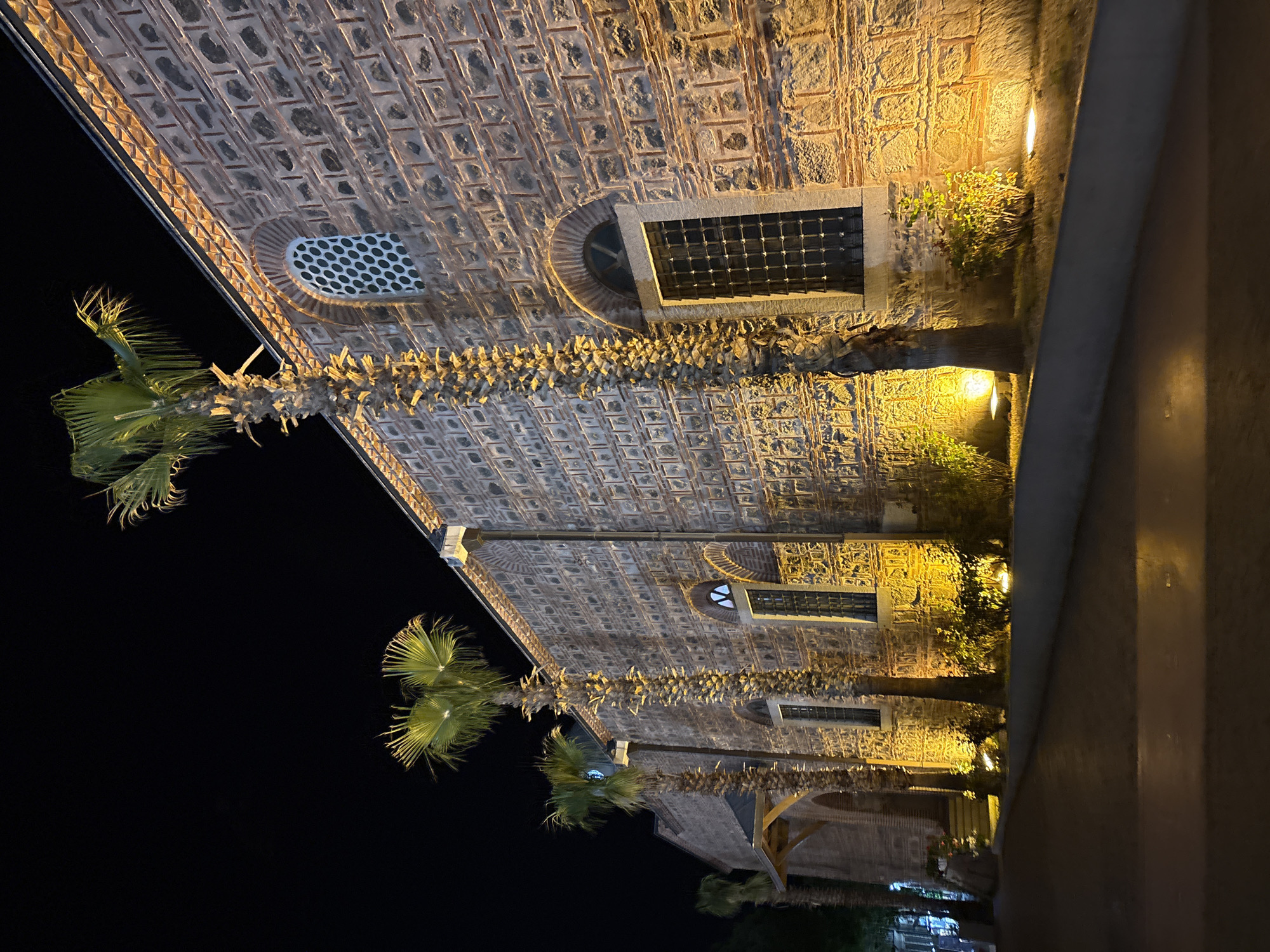 The image shows a building at night, possibly a historical site, in Plovdiv, Bulgaria. The building has a brick and stone facade with several windows, some of which are barred. The building is illuminated by external lights. Palm trees are visible in front of the building against a dark night sky.