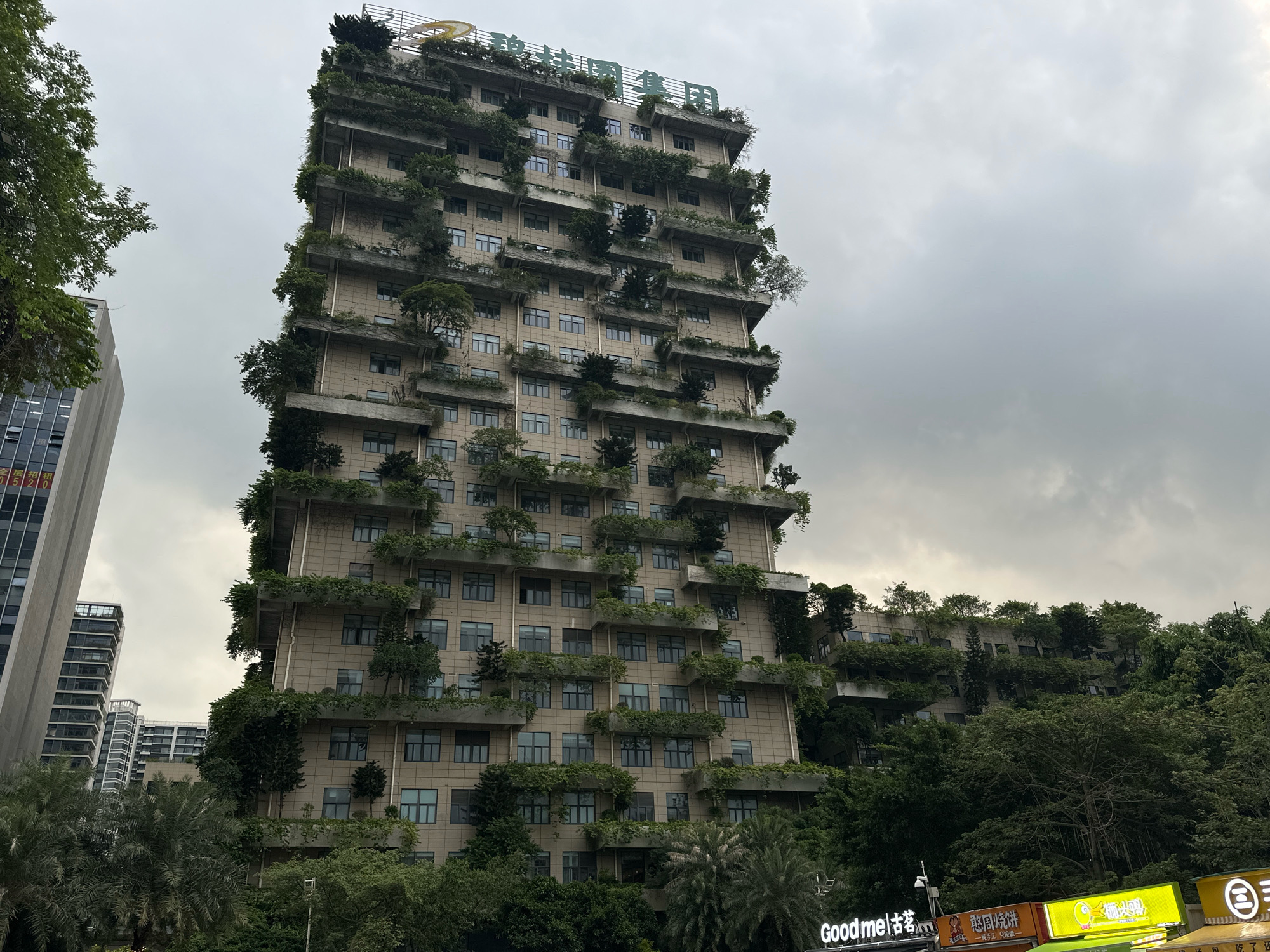 This image, taken in Shunde District, China, depicts a unique building integrated with extensive greenery. The building, a multi-story structure, features balconies and terraces on each level adorned with numerous trees and plants, creating a vertical forest aesthetic. The facade of the building appears to be made of light-colored stone or concrete, with a repeating pattern of windows. Trees and foliage surround the base of the building and spill over its edges, blending the structure with the natural environment. In the foreground, palm trees and other dense vegetation are visible, suggesting a tropical or subtropical climate. To the left, another modern high-rise building with a glass facade stands, indicating an urban setting. Several illuminated signs are visible at the bottom of the image, one of which reads "Good me!". The sky is overcast with clouds. There are no people visible in the image.
