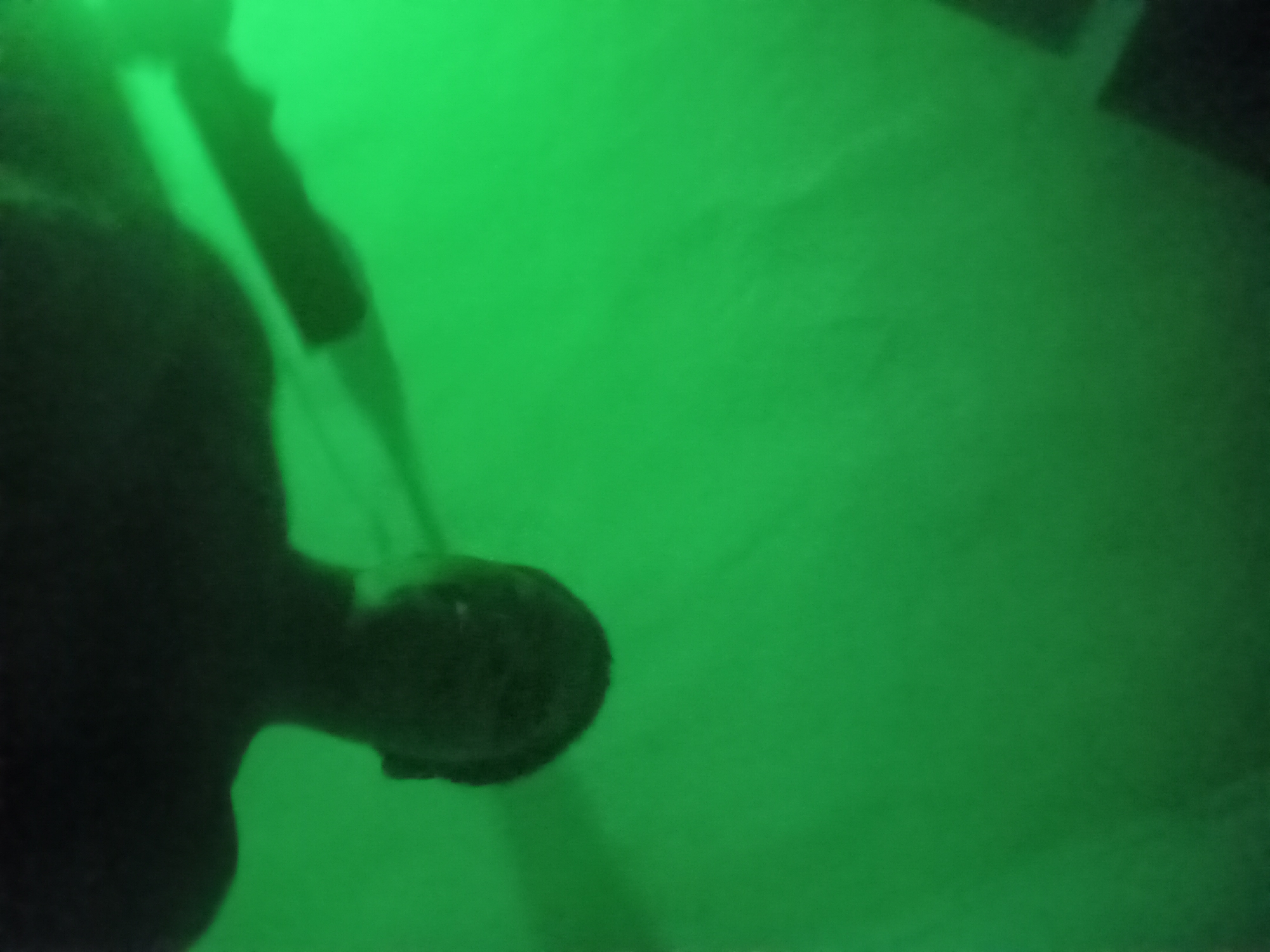 A low-light, medium shot photograph shows a person's silhouetted torso and head against a green, unevenly lit background. The subject is mostly obscured by shadow, with only vague outlines of their shoulders and head visible. The green lighting creates a diffused and somewhat murky atmosphere, with shadows and light patterns appearing on the wall behind the subject. The exact location within Nkpor, Nigeria, cannot be determined from the visual information provided.