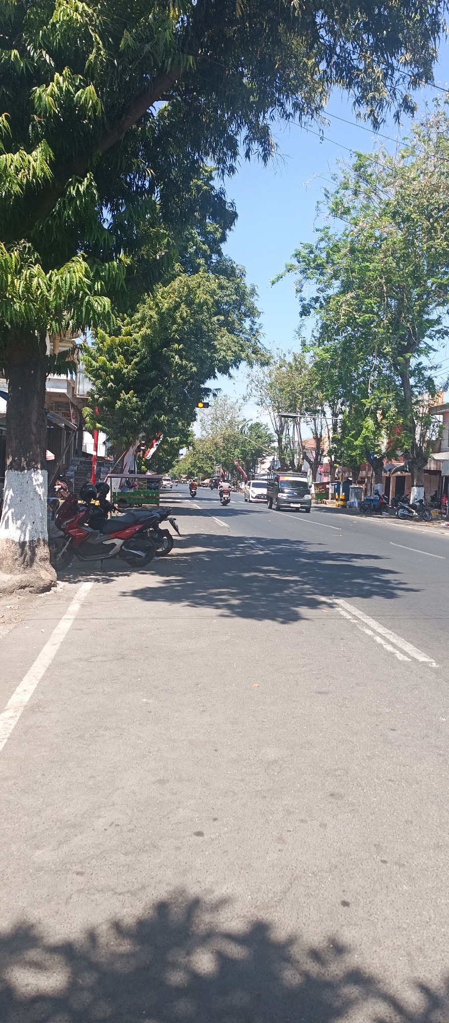 The image depicts a street scene in Ardirejo, Indonesia. The road is paved and has a white line marking the shoulder. Several trees line the left side of the road, with some motorcycles parked on the sidewalk. On the right side of the road, there are buildings and more trees. Traffic on the road includes several motorcycles, a white van, and a dark colored truck. The sky is clear and blue, indicating a sunny day. The image appears to be taken from a sidewalk or the side of the road.