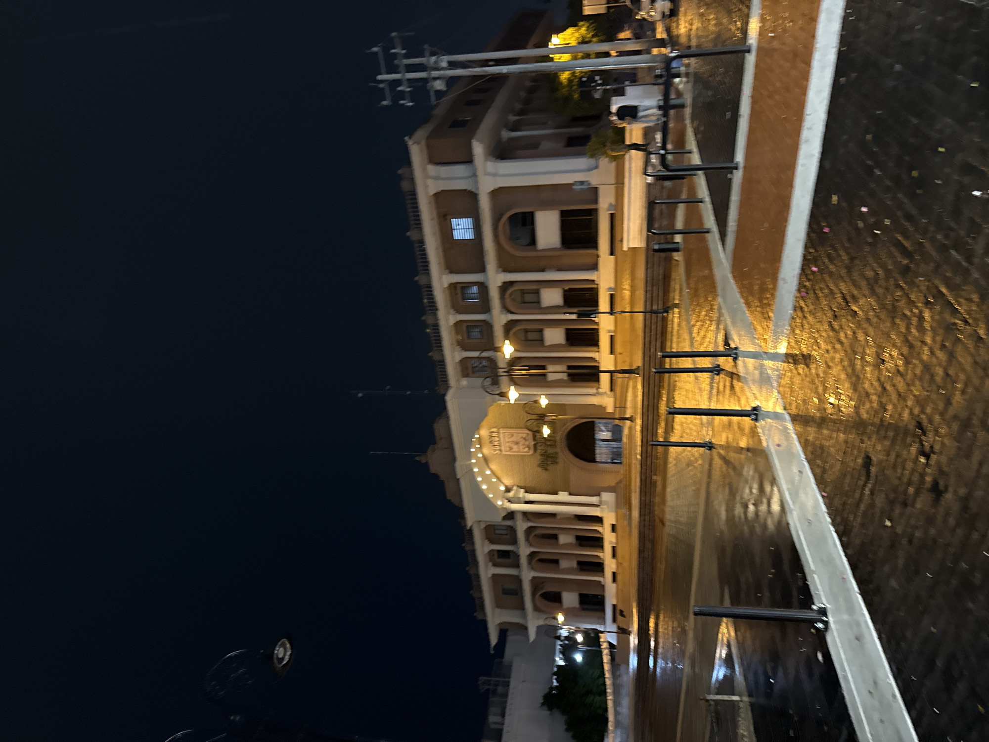 The image depicts a nighttime scene in front of the Palacio Municipal in Hermosillo, Mexico. The building, illuminated by artificial lights, features a grand arched entrance and classical architectural elements such as columns and a balcony. The street in front of the building is wet and reflective, indicating recent rain, with streetlights casting long shadows and creating a warm glow on the pavement. Several lampposts are visible along the walkway and in the plaza area. Two individuals, a man and a woman, are standing near a utility pole on the right side of the image, seemingly engaged in conversation. The overall atmosphere is calm and serene, with the city lights and reflections contributing to a visually appealing urban nightscape.