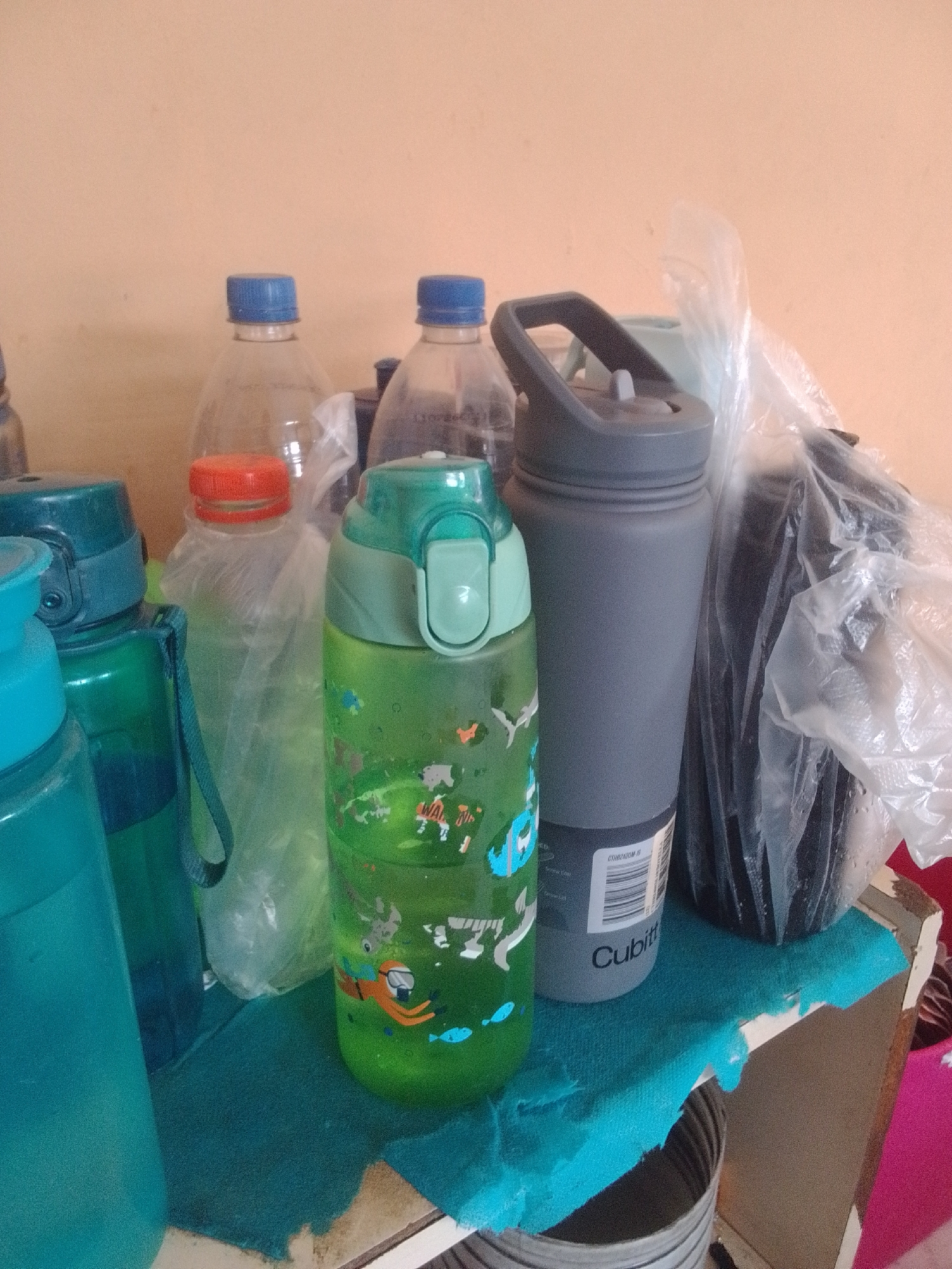 The image displays a collection of water bottles and other containers arranged on a shelf or surface. The subjects are primarily plastic and metal water bottles of various sizes, colors, and designs. Some are clear, allowing the contents or the bottle itself to be seen, while others are opaque. One green bottle is decorated with cartoonish images of scuba divers and sea creatures. A gray insulated bottle with a dark lid is prominent. A clear plastic bottle with a red cap is also visible. Behind the bottles, there are other items, including what appears to be a black plastic container or bag, partially obscured by a clear plastic wrapper or bag.
The setting appears to be indoors, likely a home or a storage area, given the presence of a wall in the background with a warm, neutral color. A teal-colored cloth or mat is spread across the surface where the bottles are placed, suggesting an attempt to organize or protect the items.
No specific activity or event is taking place; the image is a still life arrangement of these objects. The lighting suggests it is daytime, but there are no strong indications of natural light or weather conditions. The location context provided is La Tagua, Venezuela.
Visible text includes "Cubitt" on the gray bottle. There is also a label with what appears to be a product code or serial number on the gray bottle. The overall impression is one of everyday objects, possibly awaiting use or storage.