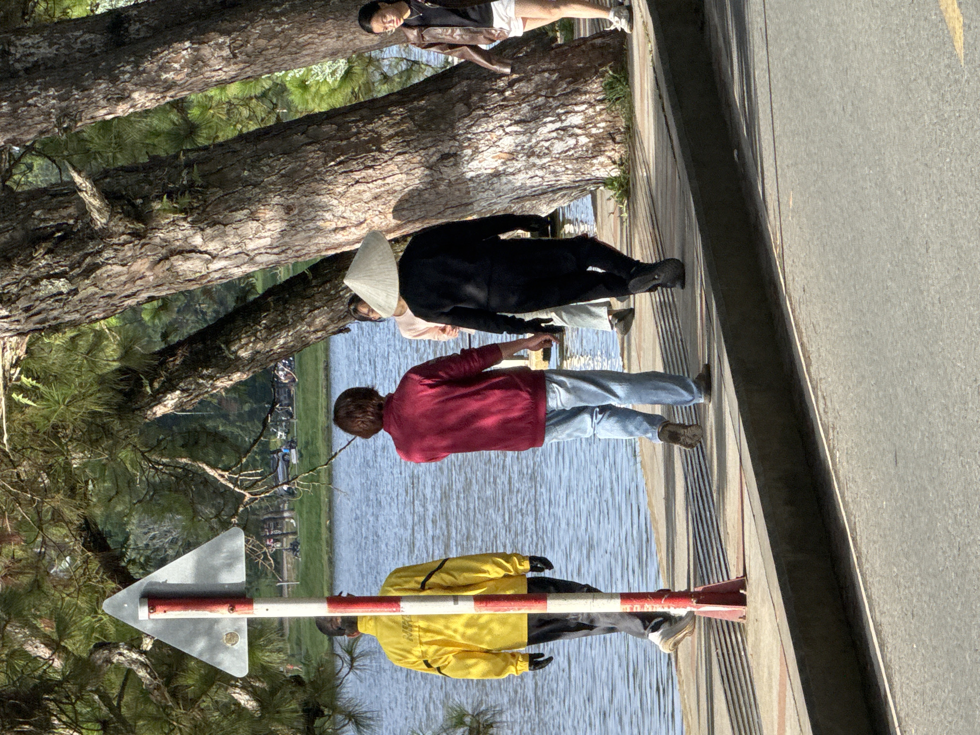 The image captures a scene along Xuan Huong Lake in Da Lat, Vietnam. In the foreground, a paved walkway runs alongside the lake, bordered by a darker concrete curb. The lake itself is visible to the left, with rippling water. Several people are walking along the path. On the far left, a person in a bright yellow jacket and dark pants walks away from the camera. Next to them, another person in a maroon jacket and blue jeans also walks away. Further down the path, a person wearing a conical hat and black clothing is seen from behind. To the right, a young woman in a brown jacket and white shorts walks towards the right of the frame. The background features large trees with rough bark, their branches covered in pine needles, casting shadows. In the distance, beyond the lake, is a grassy area with some structures and vehicles, suggesting a public park or recreational area. A red and white striped signpost stands prominently on the left side of the walkway. The lighting suggests it is daytime, with sunlight creating distinct shadows.