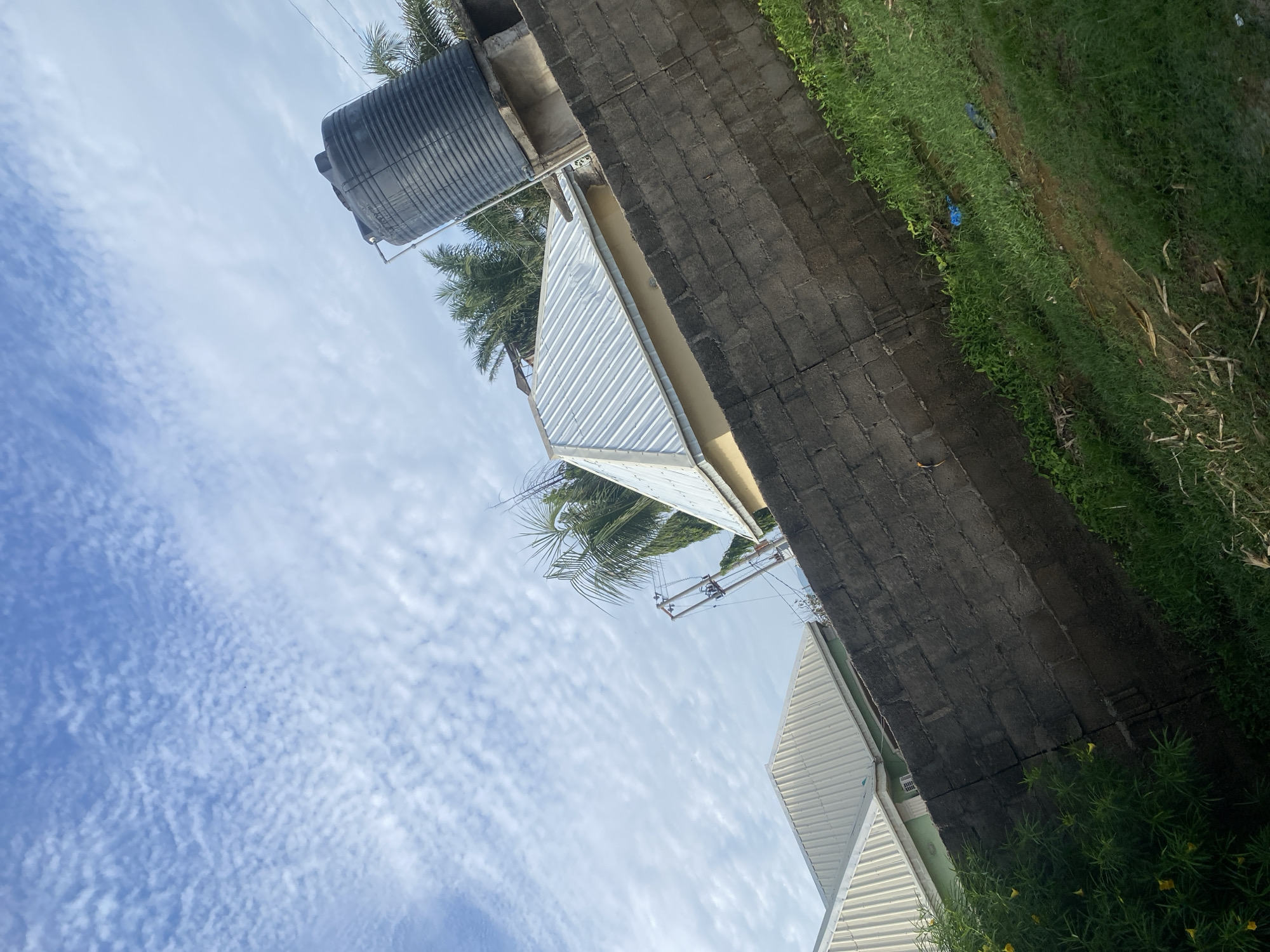 This is a low-angle, outdoor shot of a residential setting in Jauro Yinu, Nigeria. The scene is dominated by a large, dark gray, ribbed water tank situated on a rooftop, a common sight in areas with unreliable water supply. Beneath the tank, a corrugated metal roof of a building is visible, angled towards the viewer. To the right of the building, a dark, textured wall constructed from what appears to be concrete blocks runs along the frame. Beyond the wall, lush green grass grows, with some patches of dry leaves and a small amount of blue plastic litter visible. A few yellow flowers bloom in the foreground on the right side of the image, adding a touch of color to the otherwise muted tones of the building materials and foliage.
The sky above is a vibrant blue, dotted with wispy white clouds, suggesting a clear and possibly warm day. Palm fronds from a nearby tree are visible, indicating a tropical or subtropical climate. A utility pole with wires and insulators stands between the water tank and the sky, hinting at the presence of electricity infrastructure. The image is captured with the camera tilted, giving a dynamic and slightly disorienting perspective. No people are visible in the frame, and there is no discernible text. The overall impression is one of everyday life in a Nigerian community, focusing on essential infrastructure and the natural environment. The time of day appears to be daytime, likely late morning or afternoon given the brightness of the sky.