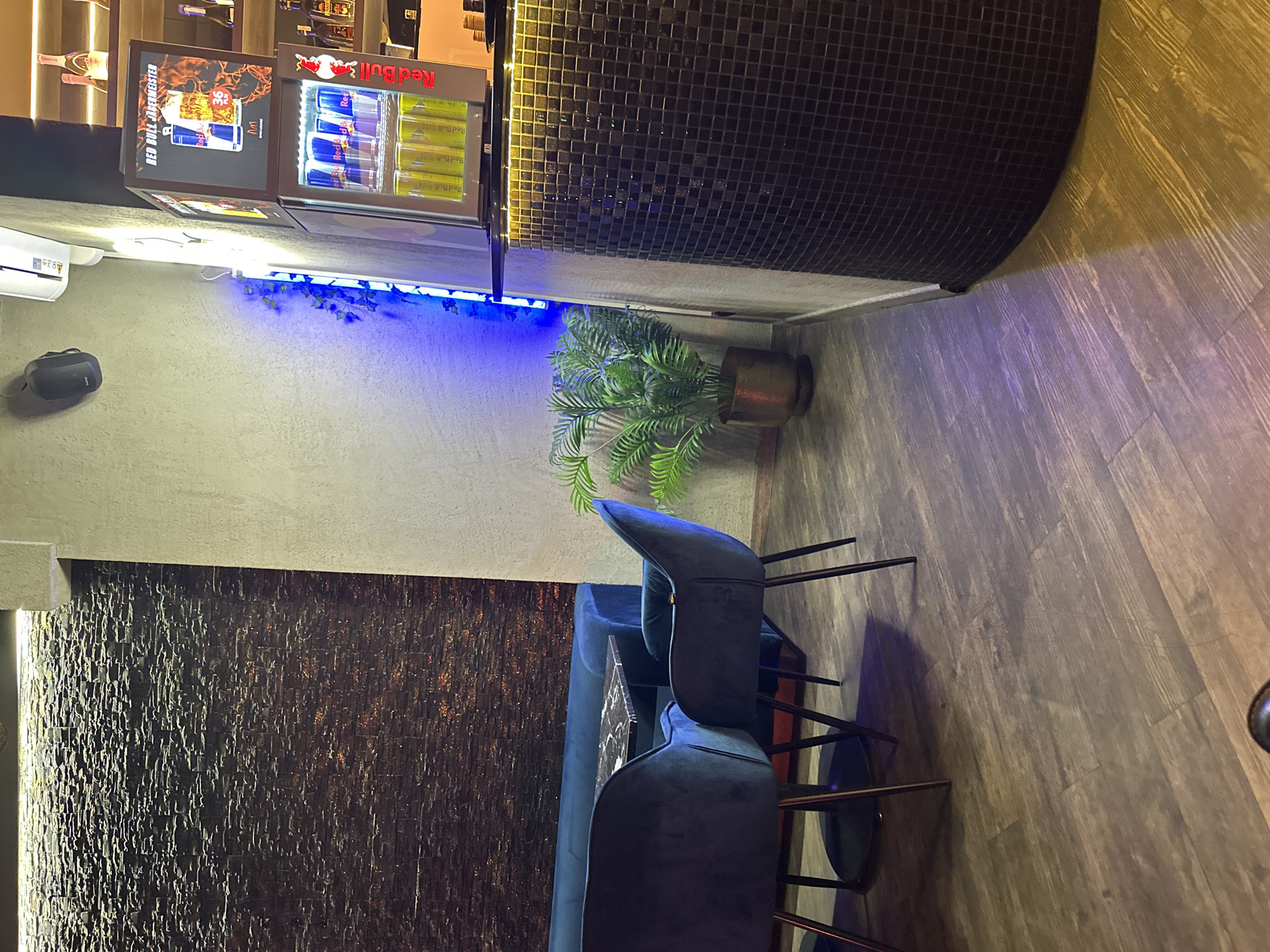 The image depicts an interior setting, likely a bar or lounge, in Wrocław, Poland. Visible are elements such as a refrigerator stocked with Red Bull energy drinks, a textured wall, and seating consisting of modern, blue velvet chairs around a table. The décor includes a decorative plant and ambient blue lighting, suggesting a contemporary and stylish environment. The black and gold tiled exterior wall also stands out.