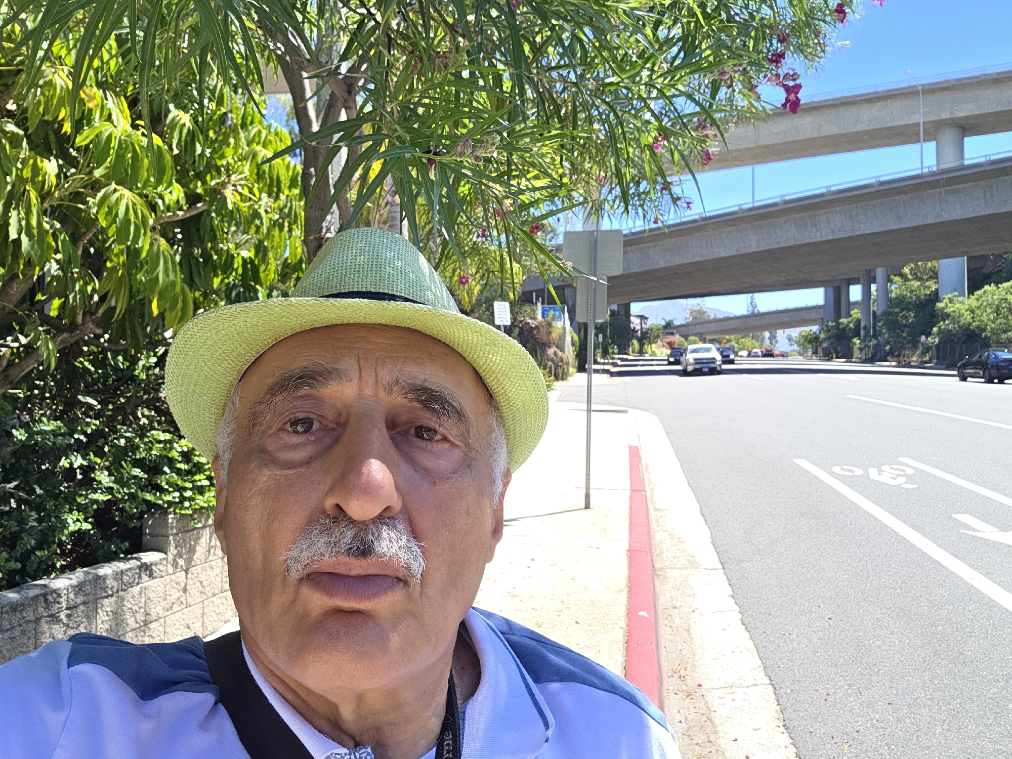 A middle-aged man with a mustache and wearing a light green fedora takes a selfie outdoors. He is wearing a white polo shirt with blue accents and a black lanyard around his neck. The man is standing on a sidewalk next to a street. In the background, there are trees, a highway overpass, and cars on the road. The sky is clear and blue. The location appears to be in Glendale, California, USA, given the distinctive highway architecture commonly found in the Los Angeles area.