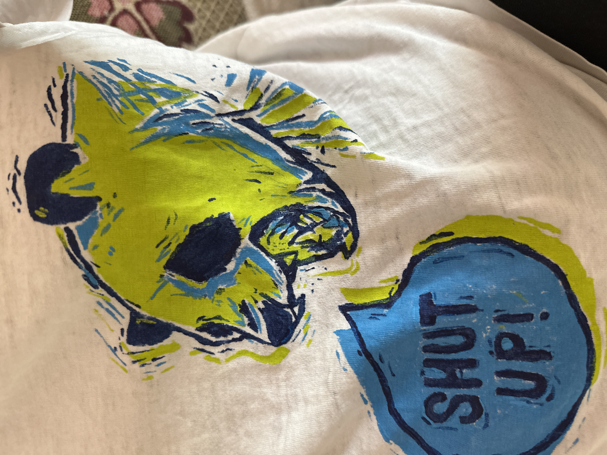A close-up of a white t-shirt with a graphic design on it. The design features a stylized image of what appears to be a green and blue animal head, possibly a dog or bear, adjacent to a blue speech bubble outlined in green. The speech bubble contains the words "SHUT UP!" in a dark blue color. The t-shirt is wrinkled. There is no information that associates this image with the city of Biysk, Russia.