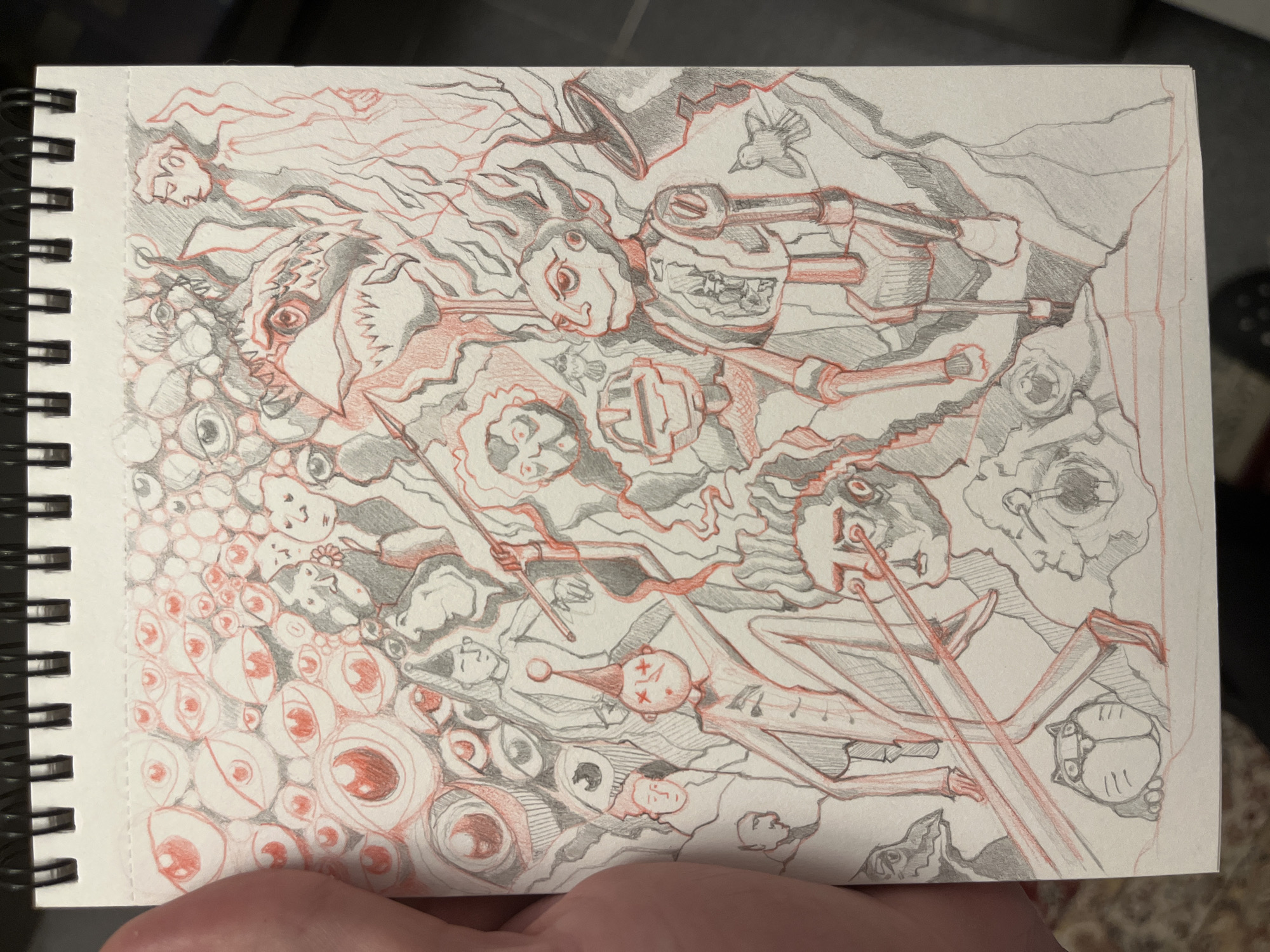 A sketch in a notepad. The left side of the image is dominated by a collection of eyes of varying sizes and with pupils facing in different directions. To the right of the eyes, are several face-like shapes, some with expressions of pain or horror. Further right is a mechanical contraption with protruding tubes. A bird is perched atop the contraption. Below the contraption is another assortment of faces, including one with "X" marks for eyes. Several long, thin objects are drawn in red, protruding from the right side of the image. In the bottom right corner is a roundish shape with what looks like ears. The background consists of swirling lines and shapes that do not form any recognizable objects. The entire scene is rendered in shades of red and gray.
Location: Unknown, Unknown