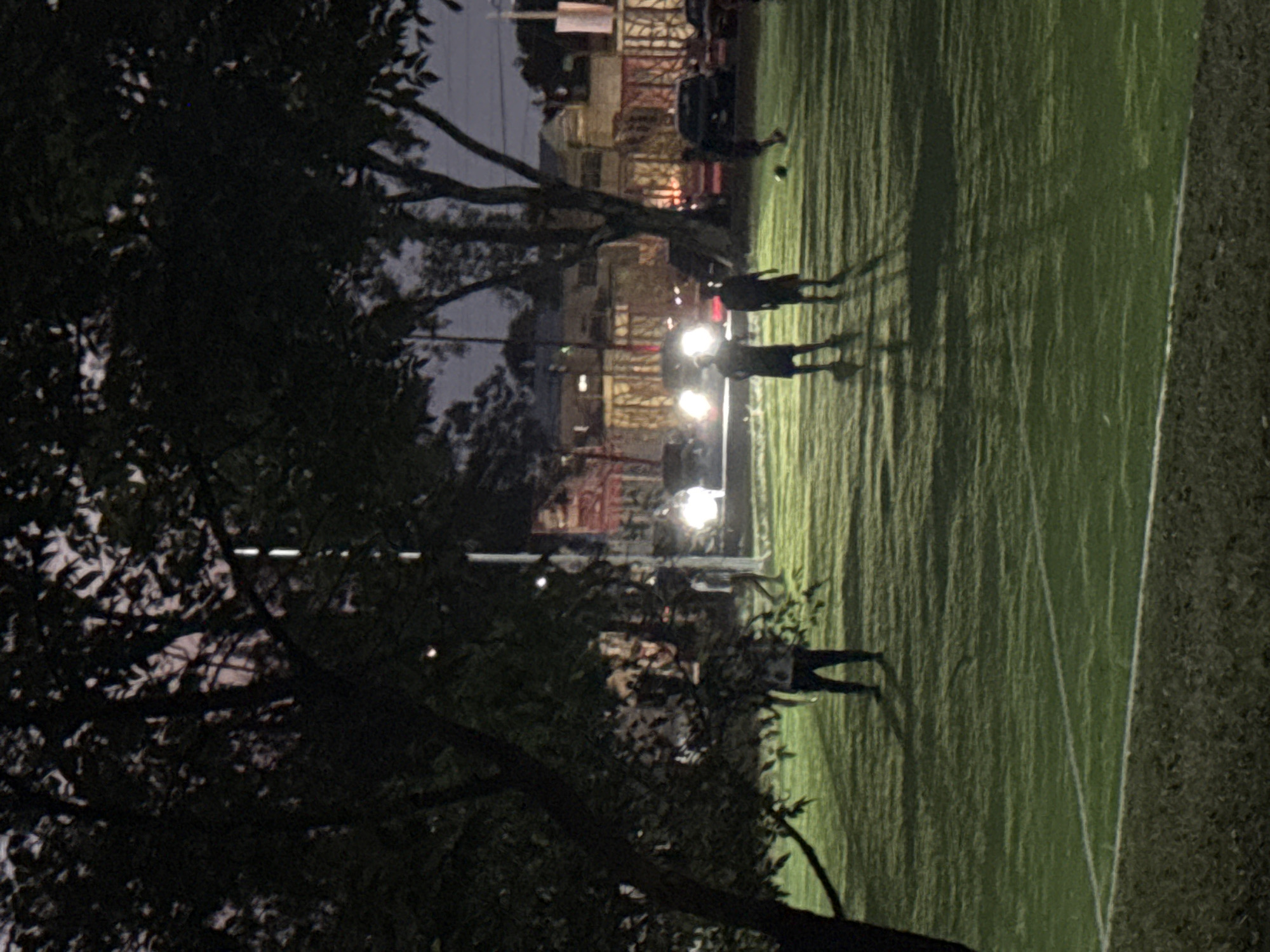Captured at night, the image shows a field lit by artificial lights. Several people are visible on the field. In the background, there are buildings and lights suggesting an urban environment. The image is partially obscured by trees in the foreground. The location is Puebla, Mexico.