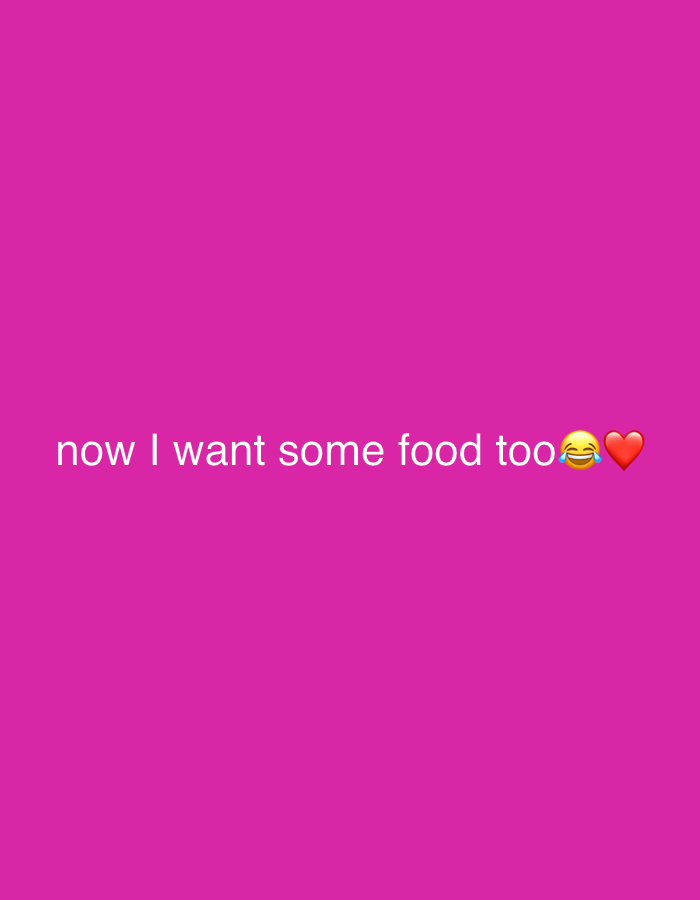 The image is a screenshot of a social media post with a pink background. White text reads "now I want some food too" followed by a laughing emoji and a red heart emoji. There are no people, objects, or environmental details visible in the image that could indicate a location in Jalingo, Nigeria, or any other specific place. The image is purely text and emojis on a solid color background.