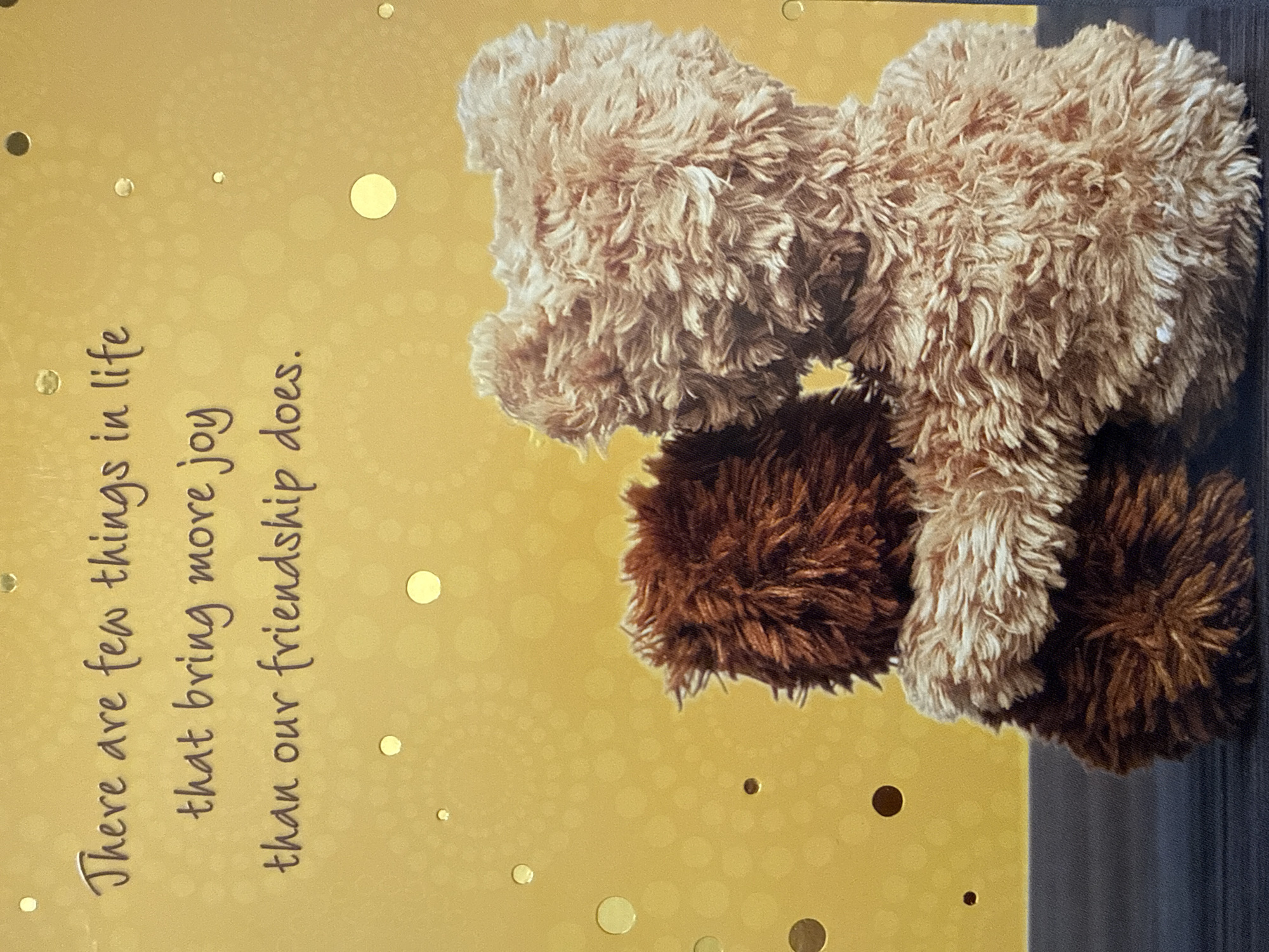 The image displays a greeting card with a textured yellow background adorned with gold polka dots. In the center of the card, two teddy bears are depicted in a hug. The bear on the left is brown, and the bear on the right is a lighter, beige color. Both bears have a shaggy, textured appearance. The greeting card features handwritten text in a dark script that reads: "There are few things in life that bring more joy than our friendship does." The image is a close-up, with the bottom portion of the card showing a dark blue surface, possibly a table. The image was taken in West Sacramento, United States of America.