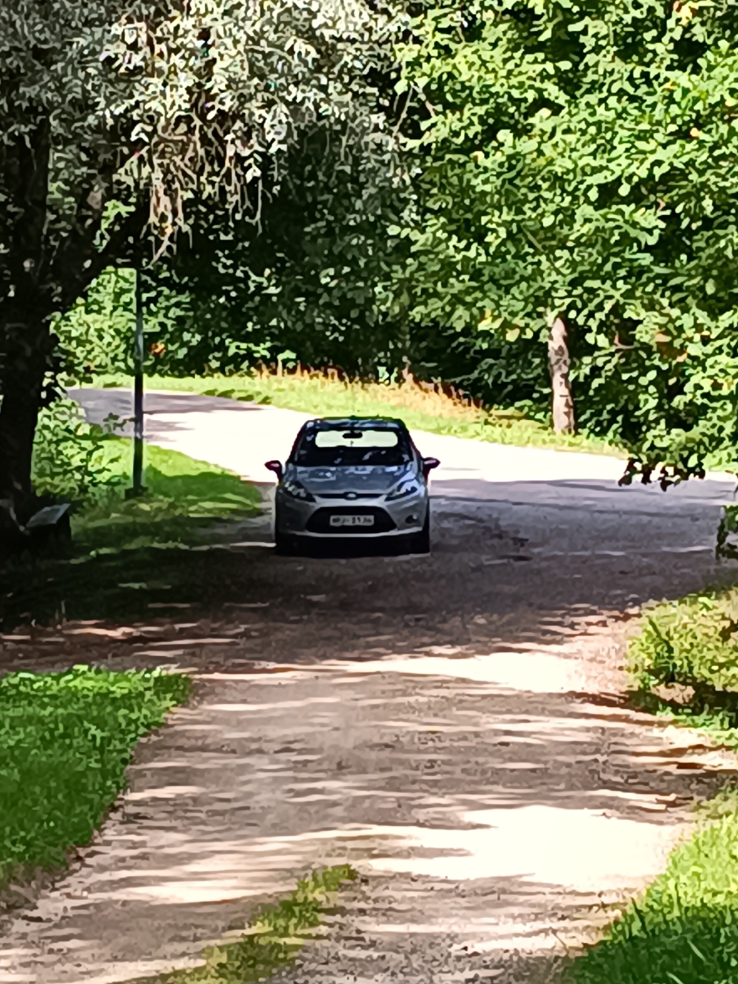 A silver Ford Fiesta is parked on a gravel road in a park-like setting. The car is facing the camera and is slightly angled to the right. It has its headlights on. The car's license plate is visible and appears to read "MPJ 3130". Trees with lush green foliage line the road, casting shadows on the gravel. A park bench is visible to the left of the road, partially obscured by a tree. The ground is covered in gravel and patches of grass. The sky is not visible. The scene appears to be during the daytime. The image is taken from a slightly elevated perspective. This scene is not located in Aizpute, Latvia.