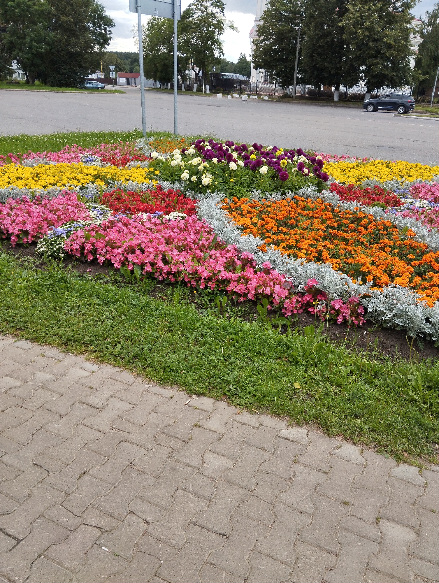 The image shows a colorful flower bed planted with various flowers in a city setting. The flowers are arranged in concentric layers of different colors, including yellow, red, pink, orange, purple, and white. The flower bed is situated next to a paved walkway and a grassy area. In the background, a road is visible with a few cars and trees. The scene appears to be in an urban environment, possibly a park or a public square, in Kingisepp, Russia. The overall impression is one of a well-maintained and aesthetically pleasing landscape.