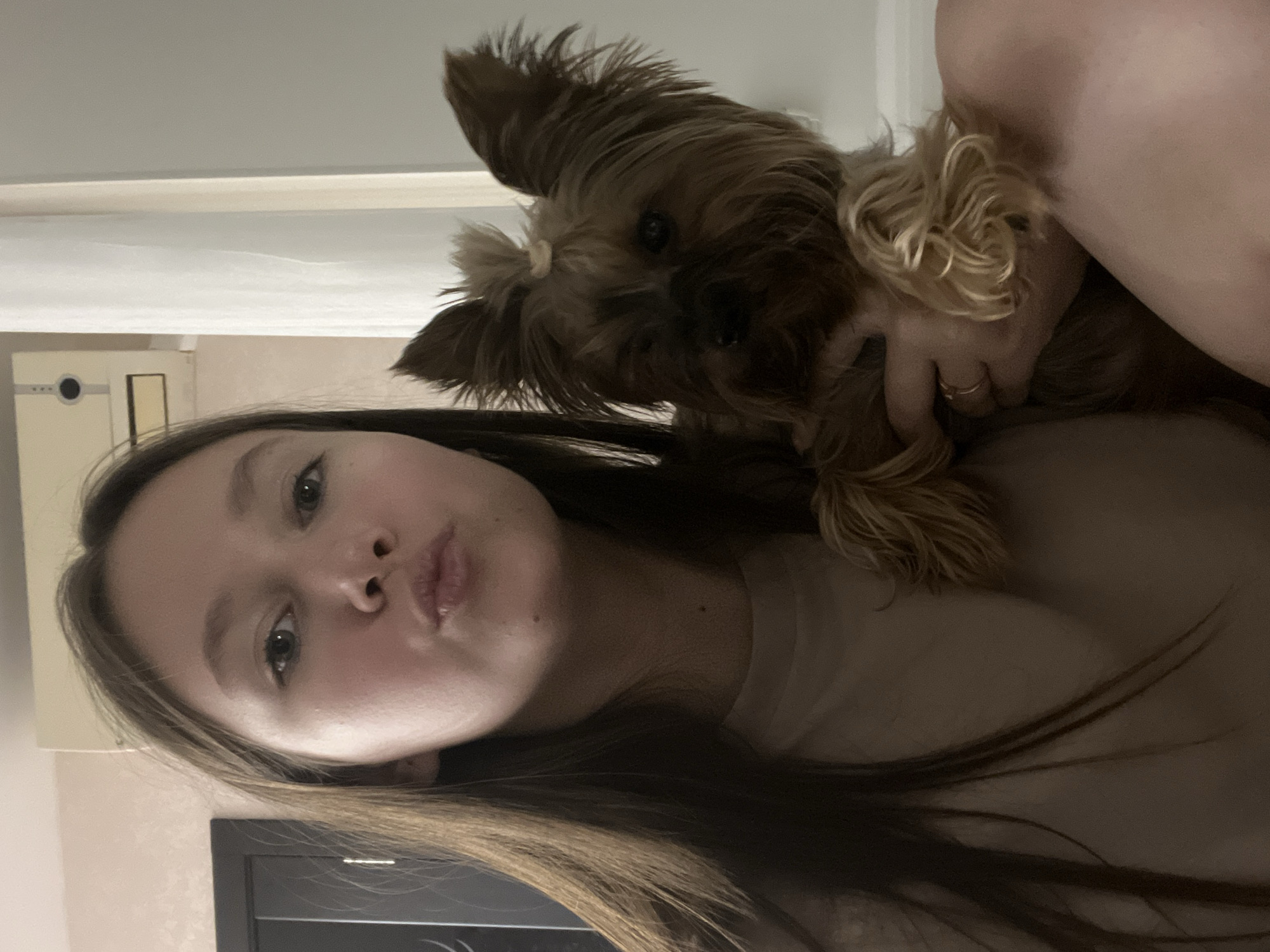 A person is holding a Yorkshire Terrier dog, facing the camera. The person has long, straight, dark brown hair. The dog has brown fur, and some of its fur is tied in a small ponytail. The background includes a white wall and a dark grey cabinet. The location is unknown.