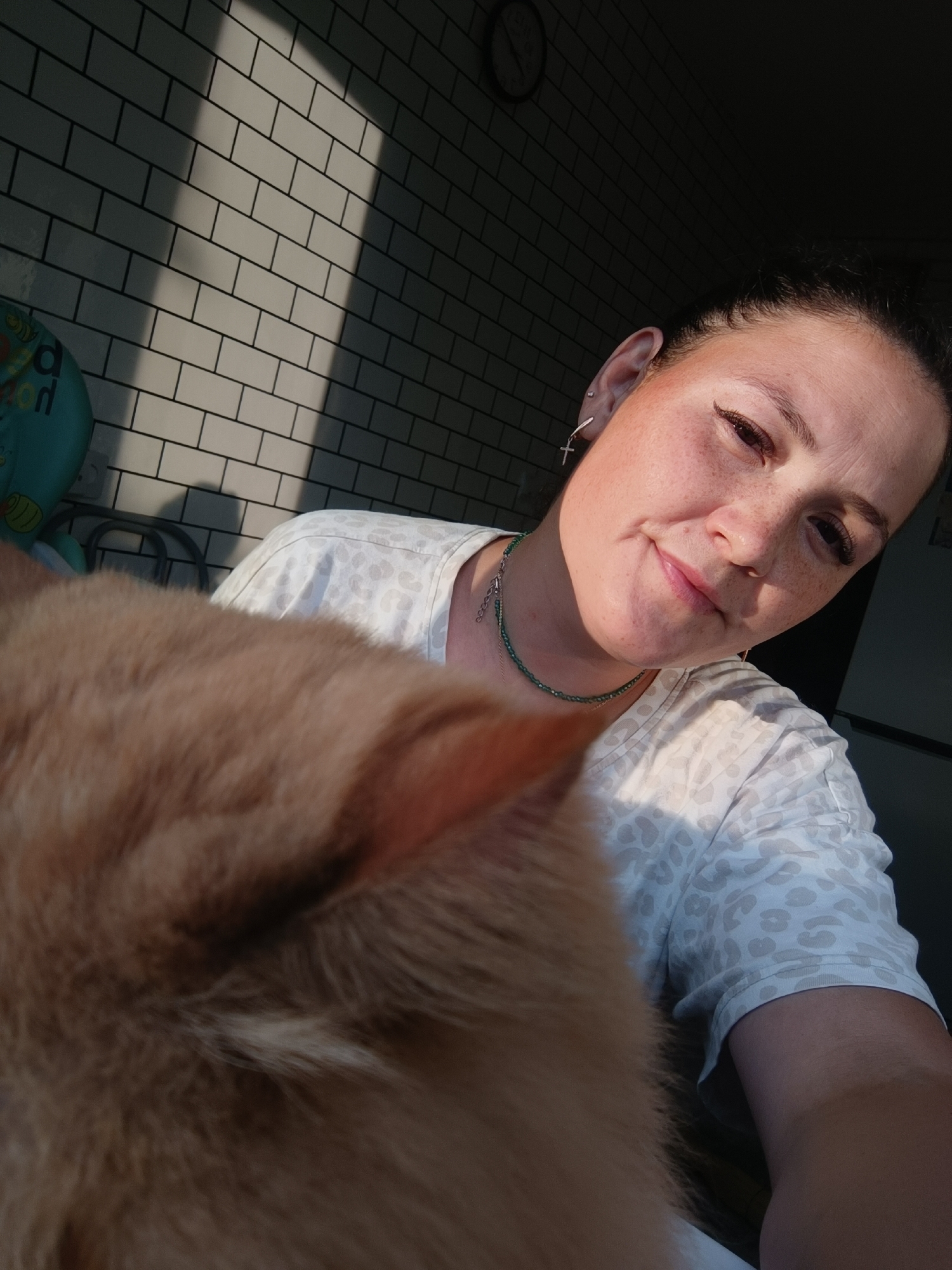 In the city of Chaikovsky, Russia, a close-up, over-the-shoulder selfie is taken indoors, with the subject, a fair-skinned woman with brown hair pulled back, positioned to the right of the frame. She is wearing a white t-shirt with a light gray leopard print and a green beaded necklace. Her head is tilted, and she is looking towards the camera with a slight smile. A portion of a large, fluffy orange cat is in the foreground, obscuring the lower left of the frame. The background features a tiled wall with a stark diagonal shadow cast across it, suggesting natural light entering from the left. A dark-colored clock is visible on the wall in the upper left corner, and a portion of a dark-colored refrigerator or cabinet is present on the far right.
