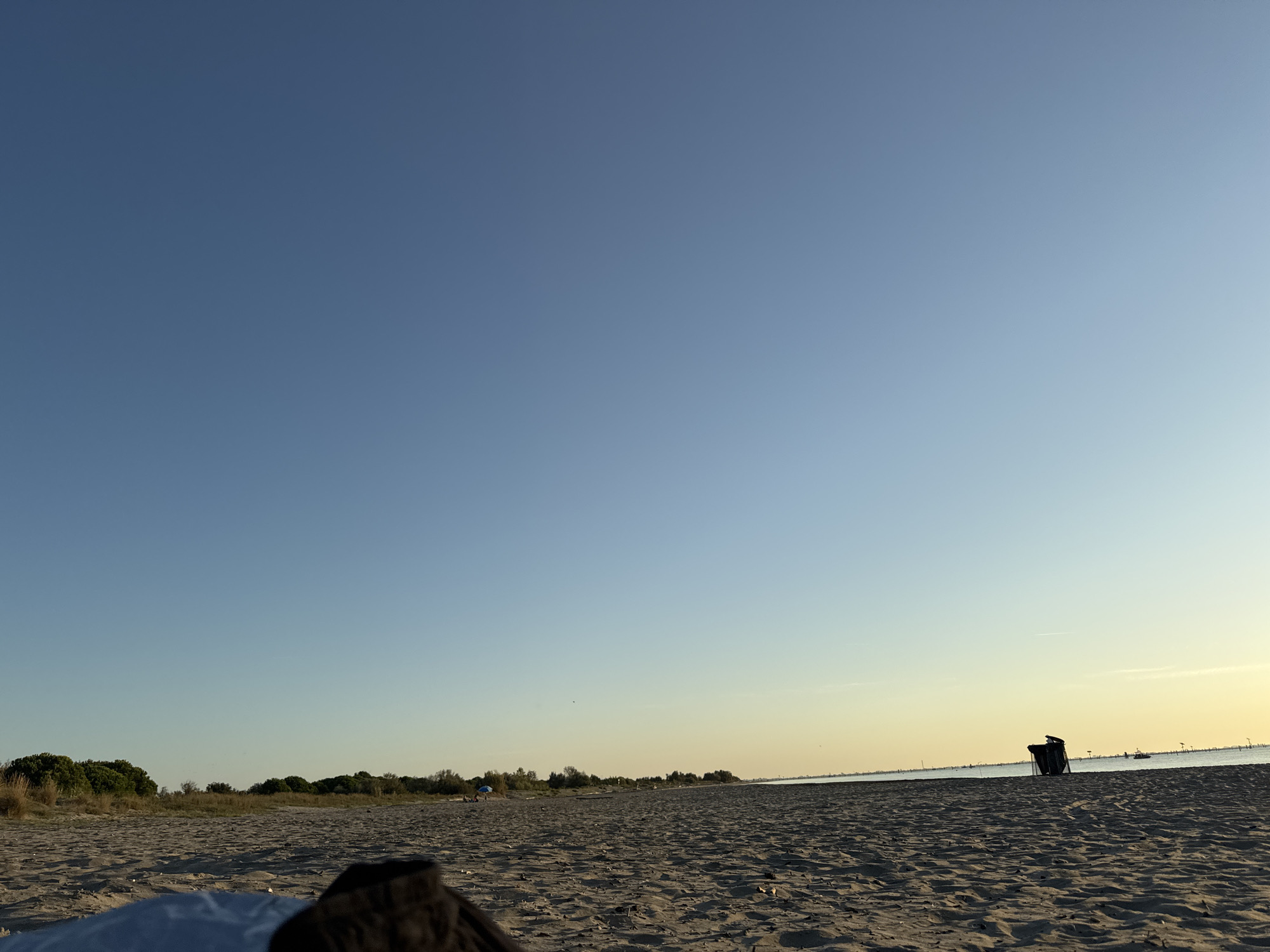 The image shows a beach in Comacchio, Italy, with a clear blue sky and calm water. In the foreground, sand dunes are visible, with a black trash can situated near the water's edge. The background features a line of trees and vegetation, with a few small boats visible on the horizon. The overall scene is serene and peaceful, suggesting a quiet day at the beach.