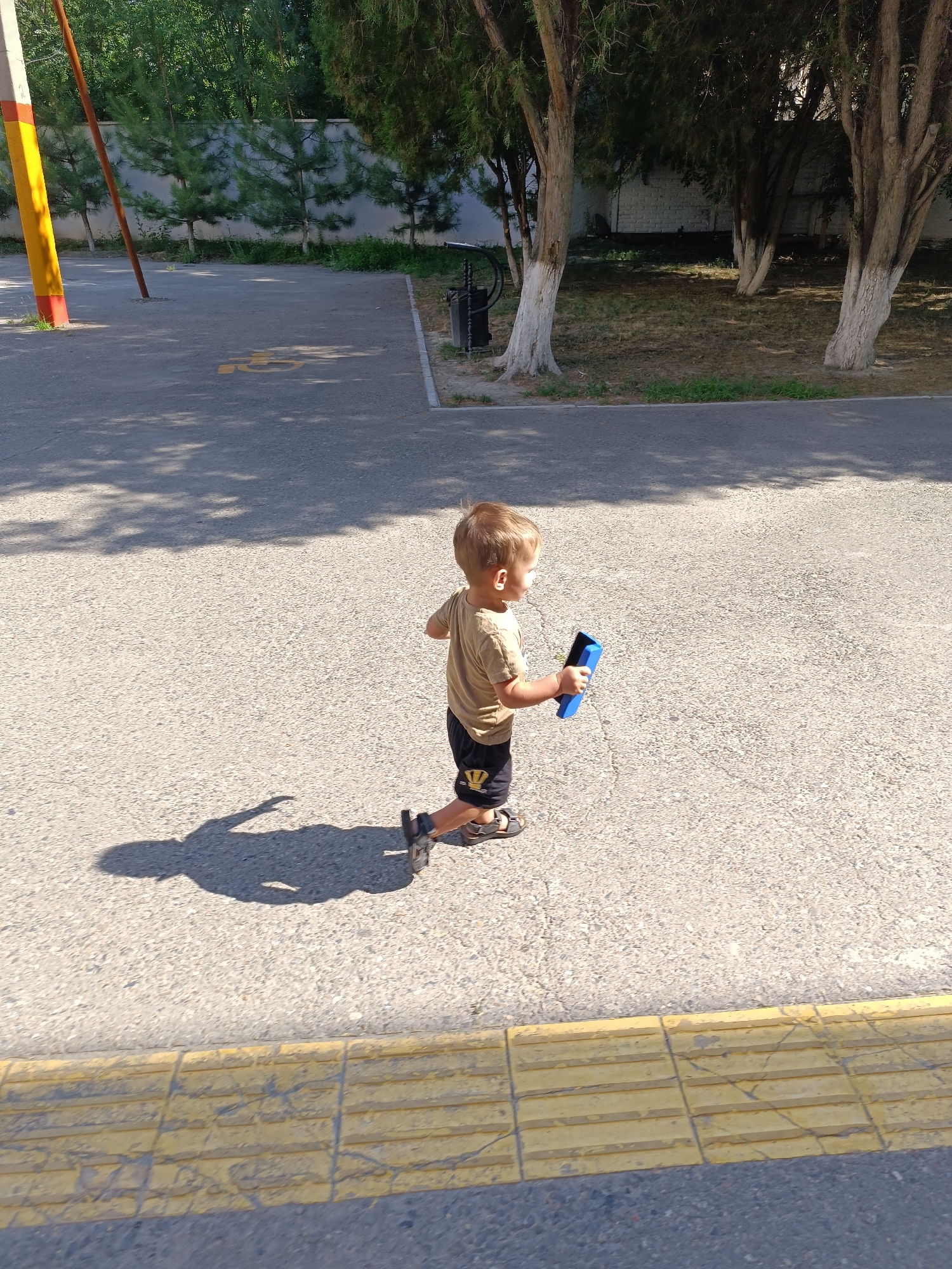 A young boy, with light brown hair and wearing a tan t-shirt and dark shorts with a yellow emblem, walks on a paved surface, holding a blue object in his right hand. He is facing left in the frame and his shadow is cast to his left. The ground is a textured asphalt with visible cracks and some loose gravel. To the left of the boy, a yellow and red striped pole stands vertically, partially obscured by trees. Behind the pole, a light-colored wall is visible, with several young trees planted in front of it. The background features more trees with white-painted trunks, and a grassy area with dry vegetation. A yellow tactile paving strip runs along the bottom of the frame, indicating a pedestrian area or a transition point. The overall scene appears to be an outdoor public space, possibly a park or a schoolyard, in Taraz, Kazakhstan, given the warm sunlight and the types of trees visible.