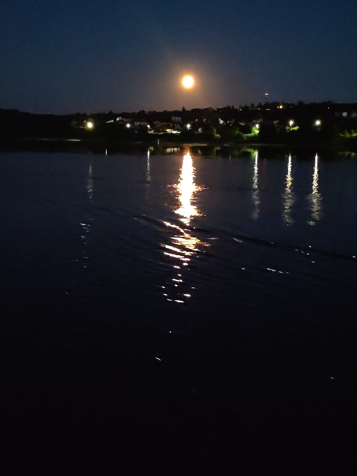 The image depicts a nighttime scene at the confluence of the Volga and the Sogozi rivers in Tutaev, Russia. A full moon is visible in the dark sky, casting a bright reflection on the water's surface. The town of Tutaev is silhouetted against the horizon, with lights from buildings and streetlamps illuminating the distant shore. The water is dark and still, with ripples visible where the moonlight strikes. The overall impression is one of tranquility and natural beauty, with the moonlit town adding a touch of human presence to the serene landscape.