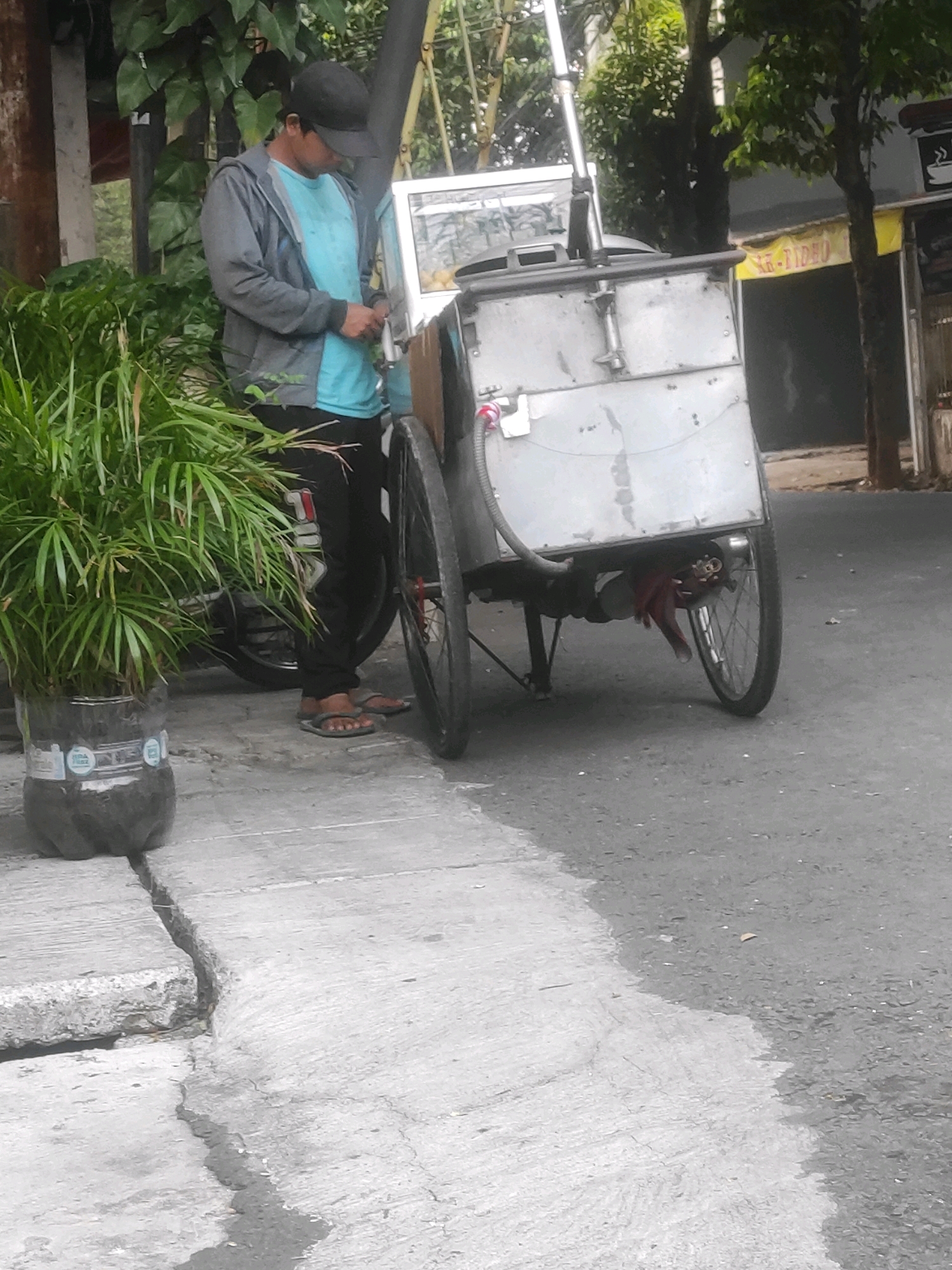 An individual wearing a grey hooded jacket, a light blue t-shirt, black pants, and a black baseball cap stands on a sidewalk next to a street. The individual is looking down and appears to be handling something in their hands. To the right of the individual is a three-wheeled cart, likely a food cart or vendor cart, with a silver metal body. A large potted plant in a clear plastic bottle sits on the sidewalk to the left of the individual. The background shows trees and a building with a yellow awning. The scene appears to be an outdoor urban setting, possibly on a street or sidewalk.