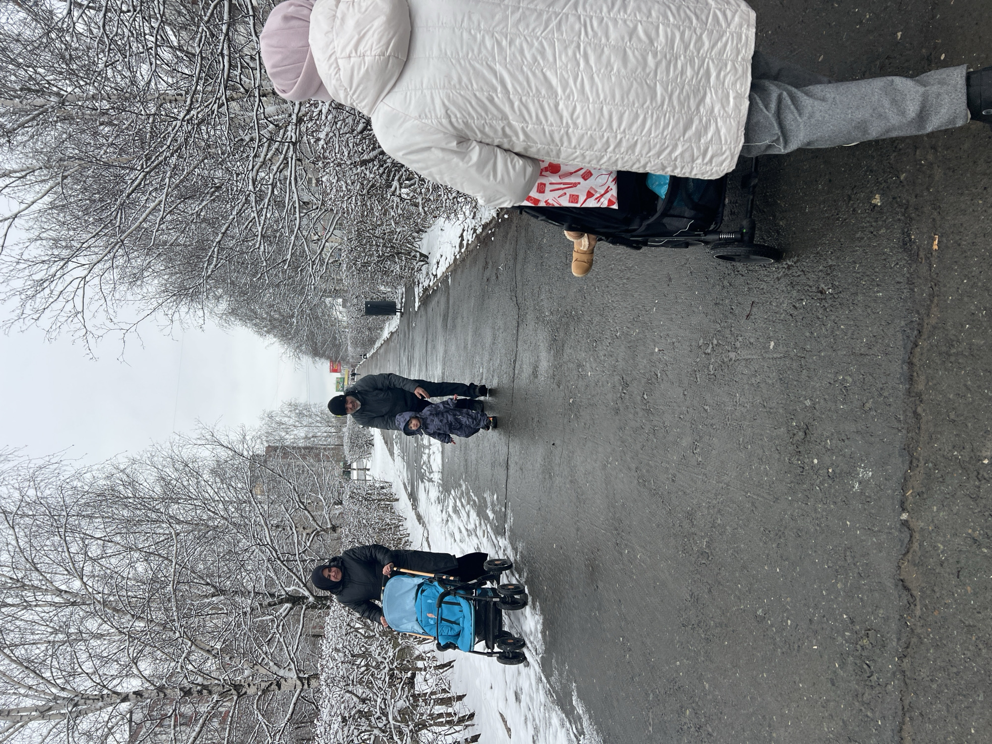 The image depicts a street scene in Perm, Russia, likely in winter due to the snow-covered trees and gray sky. The street is asphalt, and the scene involves a family group: One person is pushing a baby stroller, the person is wearing a white coat and light pink headwear, while another person is further down the street accompanying a child. Another person pushes a stroller with a blue seat down the road. All are dressed in winter clothing. The environment suggests an urban park or residential area in Perm, Russia.