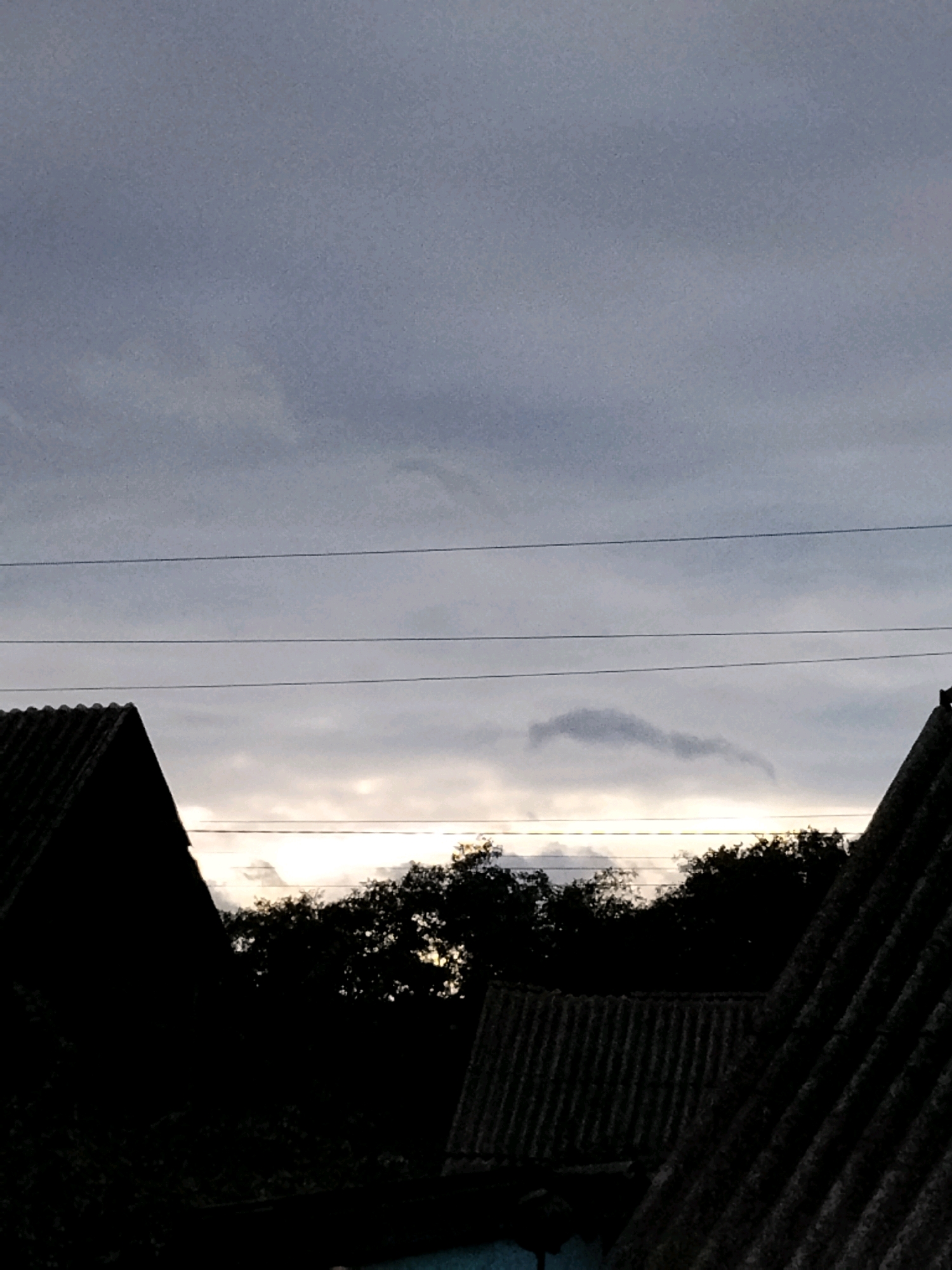 The image shows a view of the sky over rooftops and trees in the city of Ustyvytsia, Ukraine. The sky is overcast with a pale, hazy light breaking through the clouds. Two sets of power lines are visible stretching horizontally across the frame. In the foreground, the dark silhouettes of corrugated roofs of two buildings are prominent. A dark band of trees forms a line across the middle ground, behind which the sky is brighter. The overall impression is a dusky, somewhat muted outdoor scene.