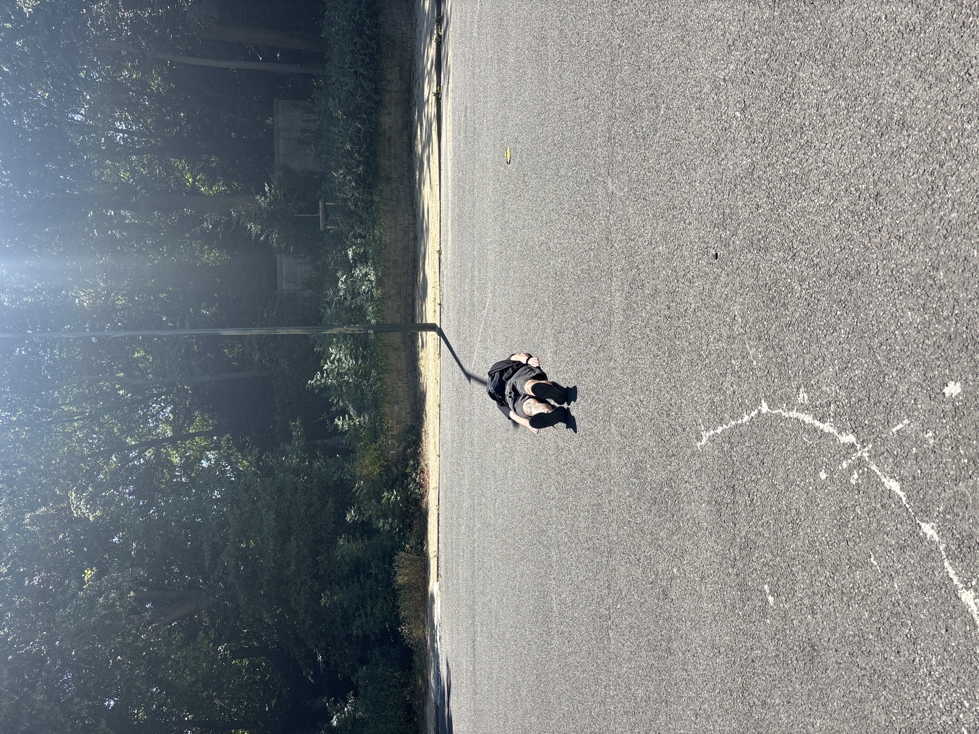 An individual is lying face down on an asphalt surface, in what appears to be a street or parking lot. The individual is wearing a black t-shirt and grey shorts, with black shoes. A shadow is cast from a pole to the left of the frame, stretching across the asphalt and reaching near the individual. The background consists of a dense line of trees and a low brick wall. The image is taken on a bright, sunny day with strong sunlight creating lens flare. The location is not specified as Brussels, Belgium.