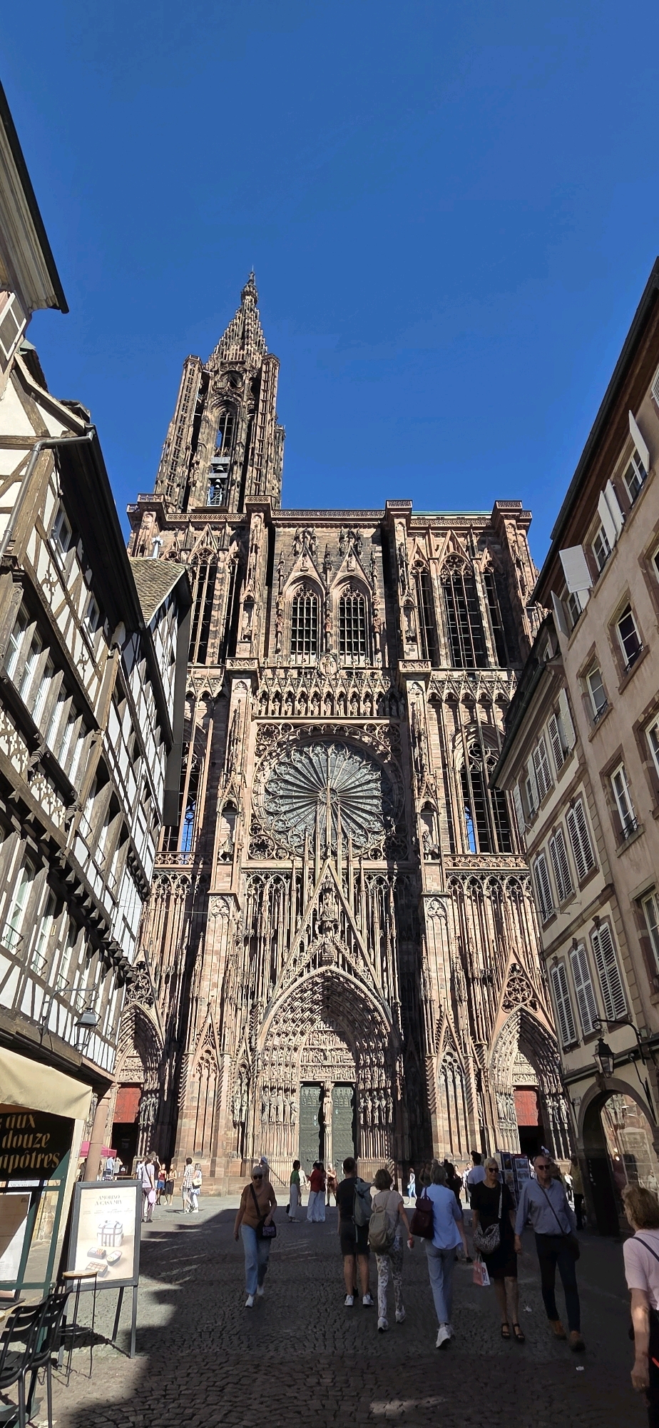 A low-angle, vertical shot captures the imposing facade of the Strasbourg Cathedral (Cathédrale Notre-Dame de Strasbourg) in France, bathed in bright sunlight under a clear blue sky. The Gothic architecture of the cathedral dominates the frame, with its intricate stonework, tall spires, and large rose window visible. On either side of the cathedral, older, timber-framed buildings characteristic of Strasbourg's historic center create a narrow street or plaza.
In the foreground, a cobblestone plaza is sparsely populated with pedestrians. Several individuals are walking towards the cathedral entrance, their backs mostly to the camera. One woman in a brown top and blue jeans is walking towards the viewer. Another group of three people, two women and a man, are walking away from the viewer towards the cathedral. A man in a light blue shirt and jeans is also walking away from the viewer. A woman in a black dress and heels is walking towards the viewer, carrying a shopping bag. A man in a grey shirt and dark pants walks towards the viewer.
On the left side of the image, a building with a beige awning has signage in French. A street lamp is attached to the building. On the right side, another building with shutters on its windows is visible. The overall scene suggests a bustling tourist destination on a sunny day.