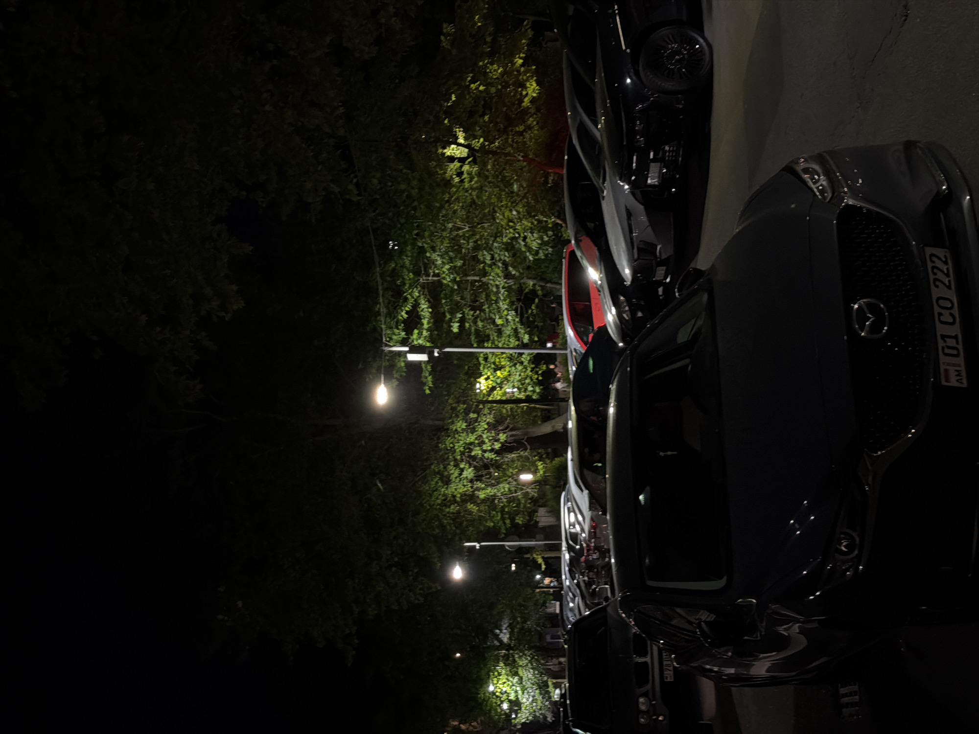 The image depicts a nighttime scene on a street in Yerevan, Armenia. Cars are parked along the right side of the road, illuminated by streetlights that line the street. Trees line the street and are illuminated from below, creating a canopy effect. License plate "01 CO 222" visible on one vehicle.