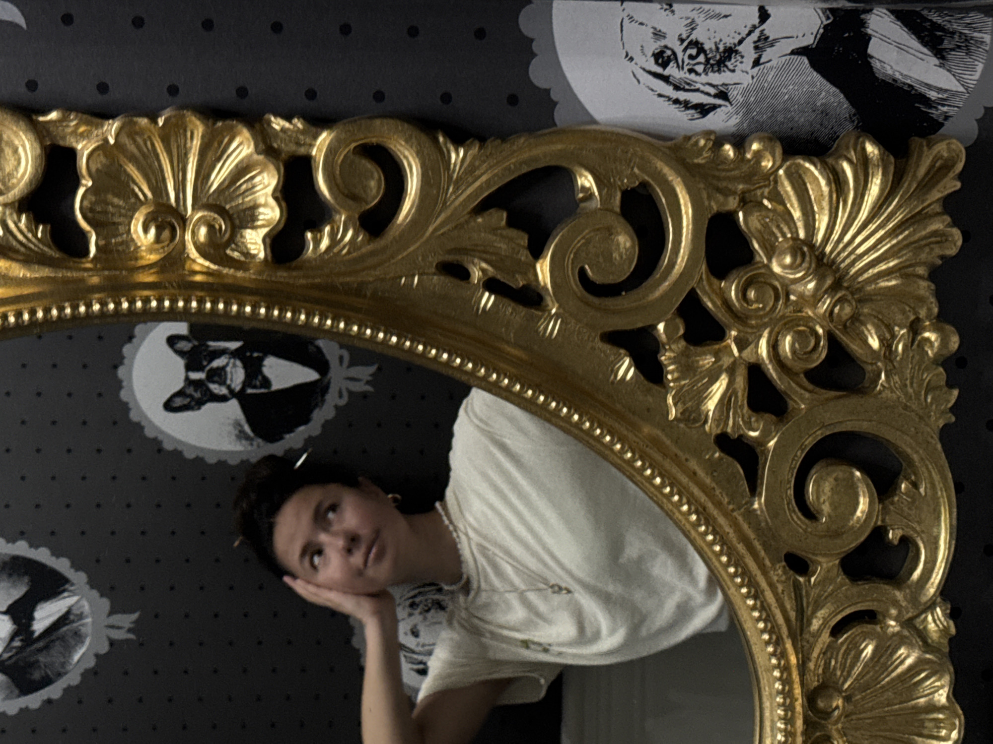 A slightly blurred, angled shot shows a person reflected in an ornate, gold-colored oval mirror. The person, appearing to be young, rests their head on their hand and looks upwards. They are wearing a white t-shirt and a necklace.
The mirror's elaborate frame is highly detailed, with sculpted floral and scrollwork patterns. The background, visible both around the mirror and in its reflection, features dark wallpaper decorated with light grey oval cameos containing black-and-white illustrations of animals.
The location is not identifiable as Kazan, Russia, based on the available visual information.