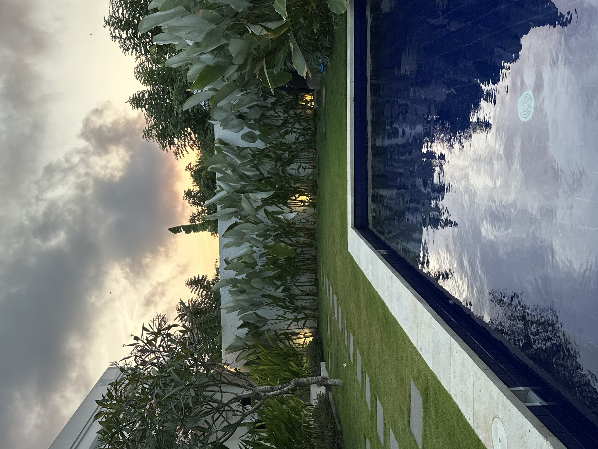 A serene outdoor scene unfolds at dusk in Kuta Selatan, Indonesia, focusing on a tranquil swimming pool and its surrounding lush garden. The foreground is dominated by the deep blue water of an in-ground swimming pool, its surface reflecting the muted hues of the sky and the silhouettes of nearby vegetation. The pool's edge is lined with light-colored stone tiles, transitioning to a manicured lawn. Stepping stones, laid in a staggered pattern, create a pathway across the green expanse.
The midground features a meticulously maintained garden with a variety of tropical plants. Tall, broad-leafed plants, possibly Heliconia species, stand prominently against a white textured wall, interspersed with smaller, greener foliage. Subtle lighting from unseen fixtures illuminates portions of the garden, casting warm glows. A slender tree with delicate white flowers stands to the left, its branches reaching towards the sky.
The background reveals a dense line of trees, their shapes softened by the fading light. Above, the sky is a canvas of dramatic clouds, with hints of orange and yellow from the setting sun peeking through. A few faint specks, possibly birds, are visible against the darkening sky. The overall impression is one of peaceful evening ambiance in a tropical setting.