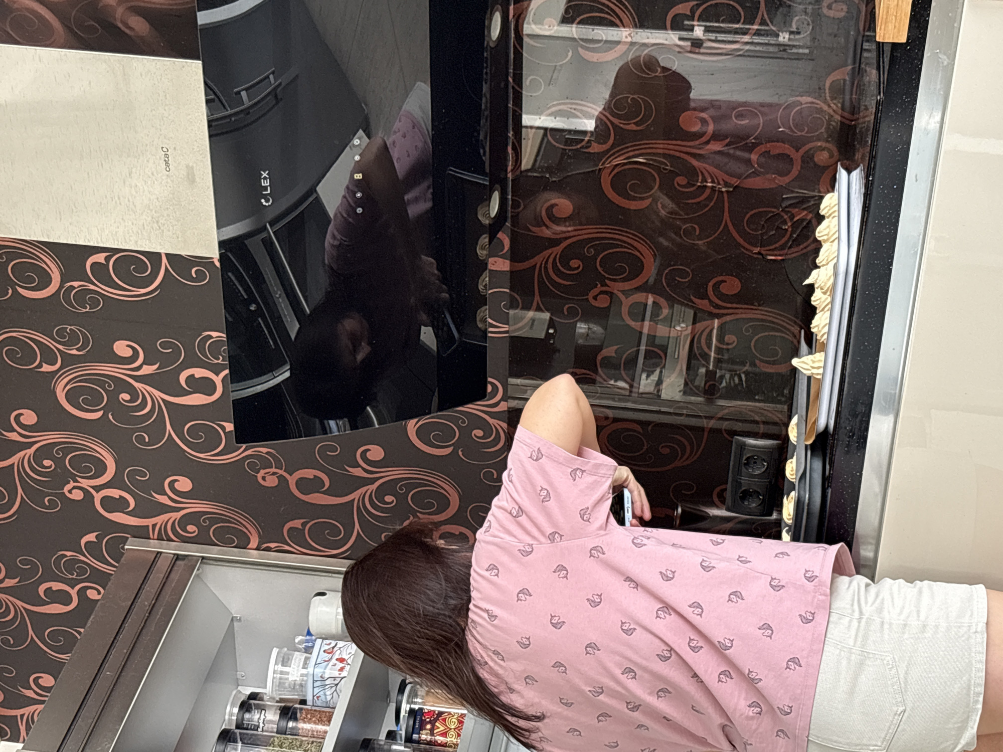 The image depicts an indoor scene, likely a kitchen or utility area in Saint Petersburg, Russia. The main subject is a person, viewed from behind, with long dark hair. They are wearing a pink short-sleeved t-shirt with a repeated dark pattern and light-colored shorts. The person is positioned in front of an open storage unit or cabinet, appearing to reach into or observe its contents, which include several jars and containers, possibly spices.
The background features decorative elements, including dark brown wall paneling or wallpaper with an elaborate, swirling light peach/pink pattern. To the left, a light-colored rectangular panel is visible with the faint text "CataC" on its surface. Adjacent to this is a sleek, dark appliance, possibly a range hood or oven, clearly displaying the brand "LEX."
Throughout the scene, there are highly reflective, glossy dark surfaces that mirror parts of the room and the person. One notable reflection shows the person's profile, arm, and what appears to be a mobile phone in their hand. An electrical outlet with two sockets is visible on a dark surface in the mid-ground. The lighting suggests it is daytime. The overall impression is of a modern domestic setting.