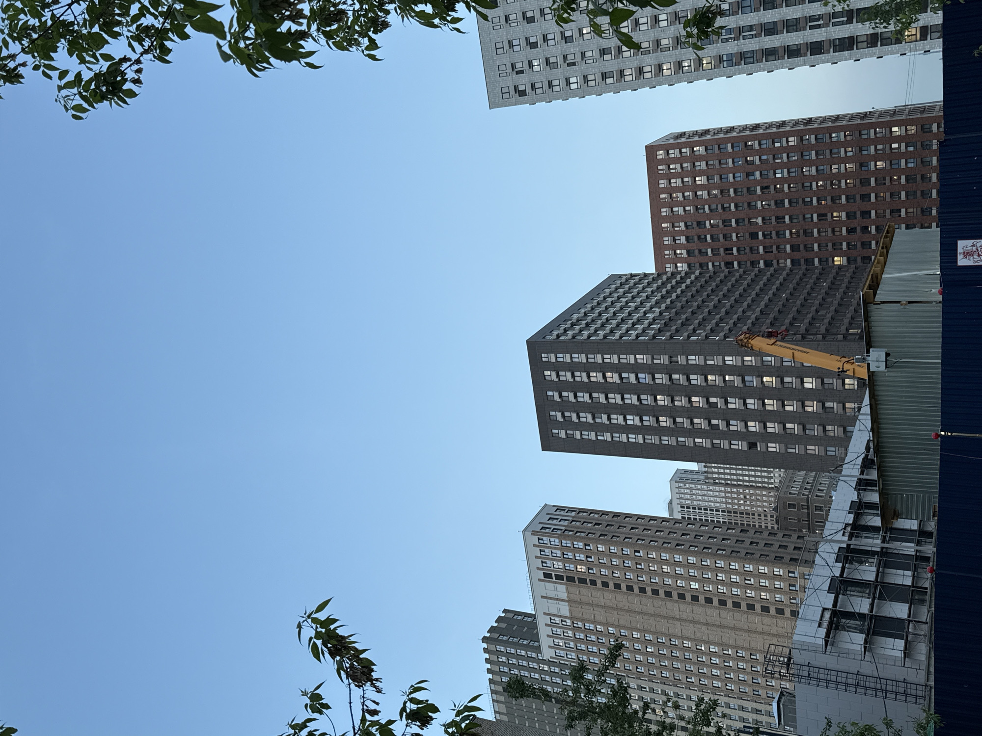 The image shows a view looking upwards at several tall buildings in what appears to be a densely populated area. The buildings are of varying heights and architectural styles, ranging from light-colored, modern high-rises to darker, older structures. Some of the buildings have scaffolding or construction materials visible, suggesting ongoing construction or renovation work. The sky is a clear blue, and some tree branches and leaves are visible in the foreground, framing the scene. There is a crane near one of the buildings. Based on the architectural style, it is possible that the location is Moscow, Russia.